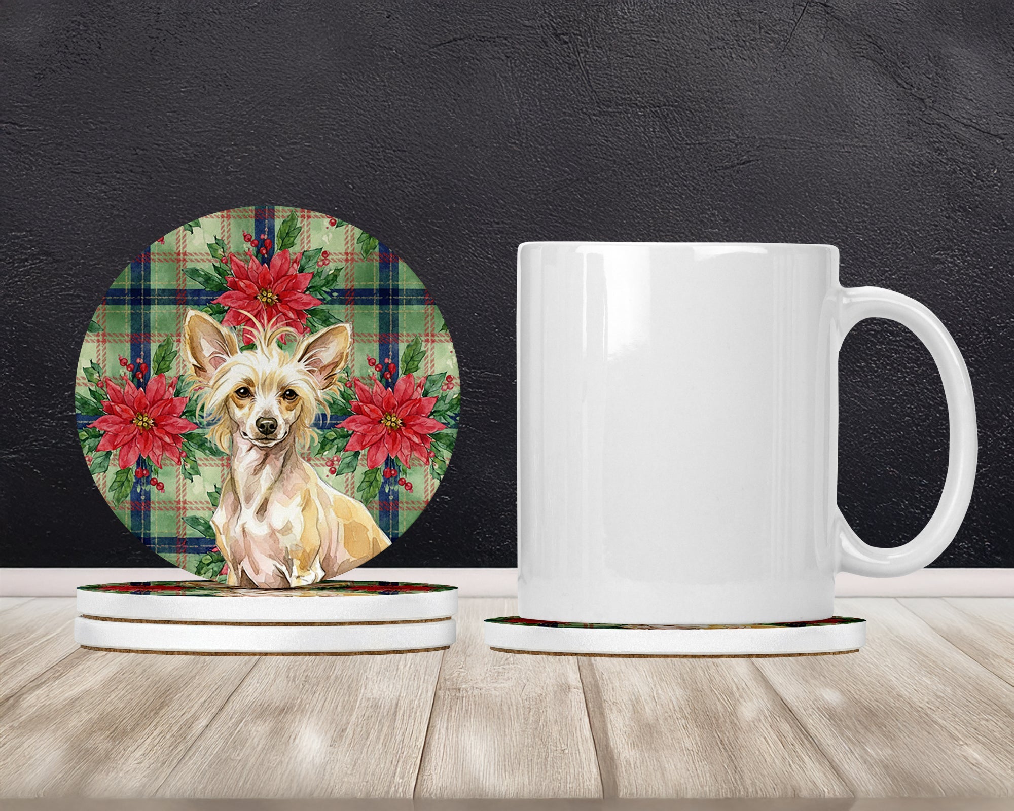 Hairless Palomino Chinese Crested Christmas PoinsettIas Large Sandstone Coasters Pack of 4 Absorbent Round Coasters Decor Gifts for Men or Women, 4 in, Multicolor