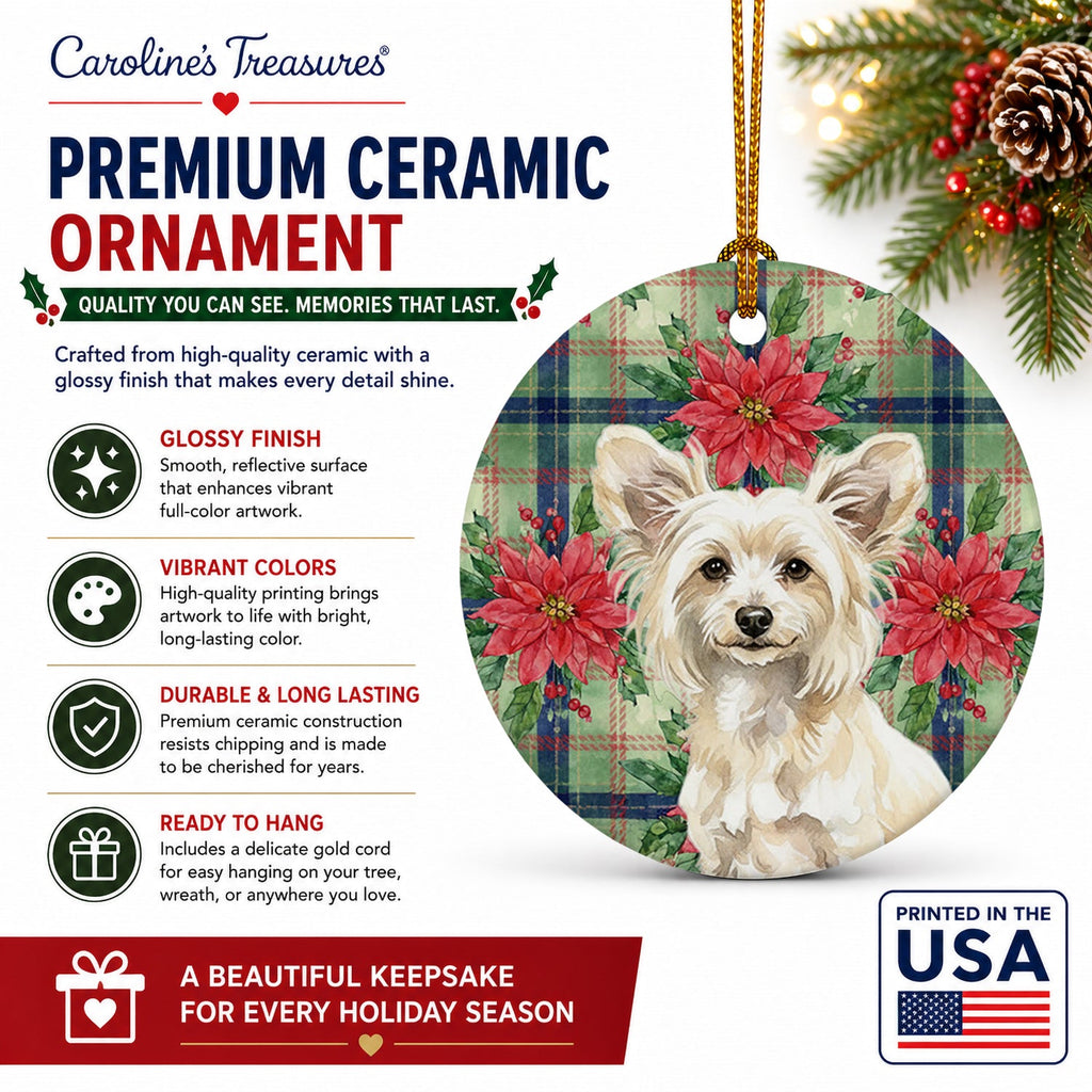 Powderpuff Chinese Crested Christmas PoinsettIas Ceramic Ornament Christmas Tree Hanging Decorations for Home Christmas Holiday, Party, Gift, 3 in, Multicolor