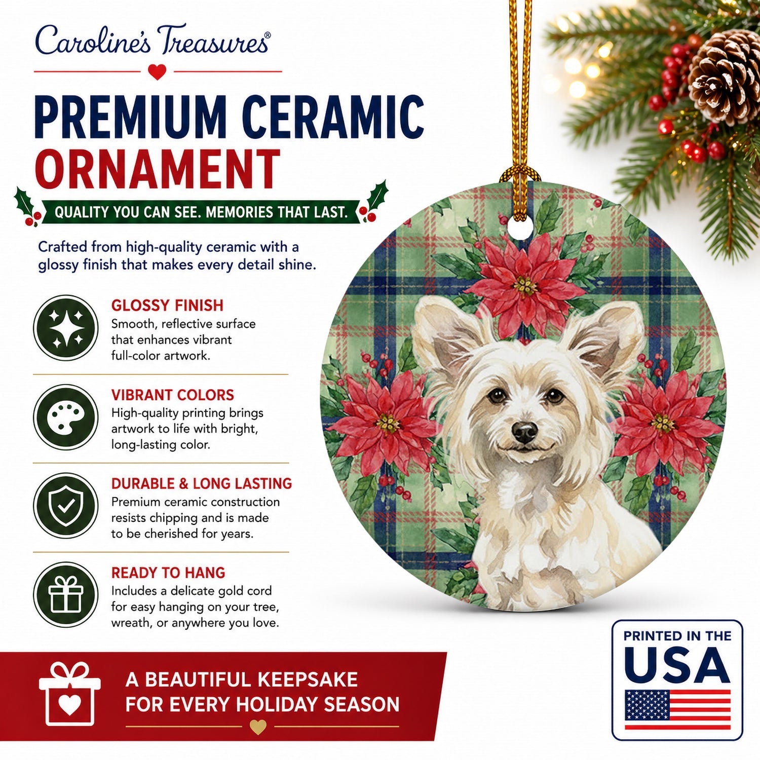 Powderpuff Chinese Crested Christmas PoinsettIas Ceramic Ornament Christmas Tree Hanging Decorations for Home Christmas Holiday, Party, Gift, 3 in, Multicolor