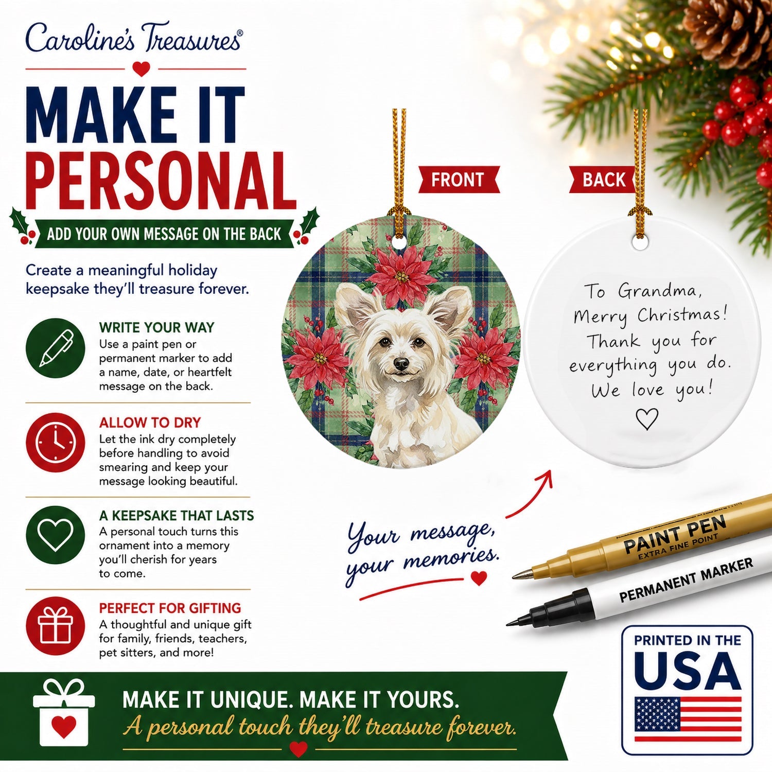 Powderpuff Chinese Crested Christmas PoinsettIas Ceramic Ornament Christmas Tree Hanging Decorations for Home Christmas Holiday, Party, Gift, 3 in, Multicolor