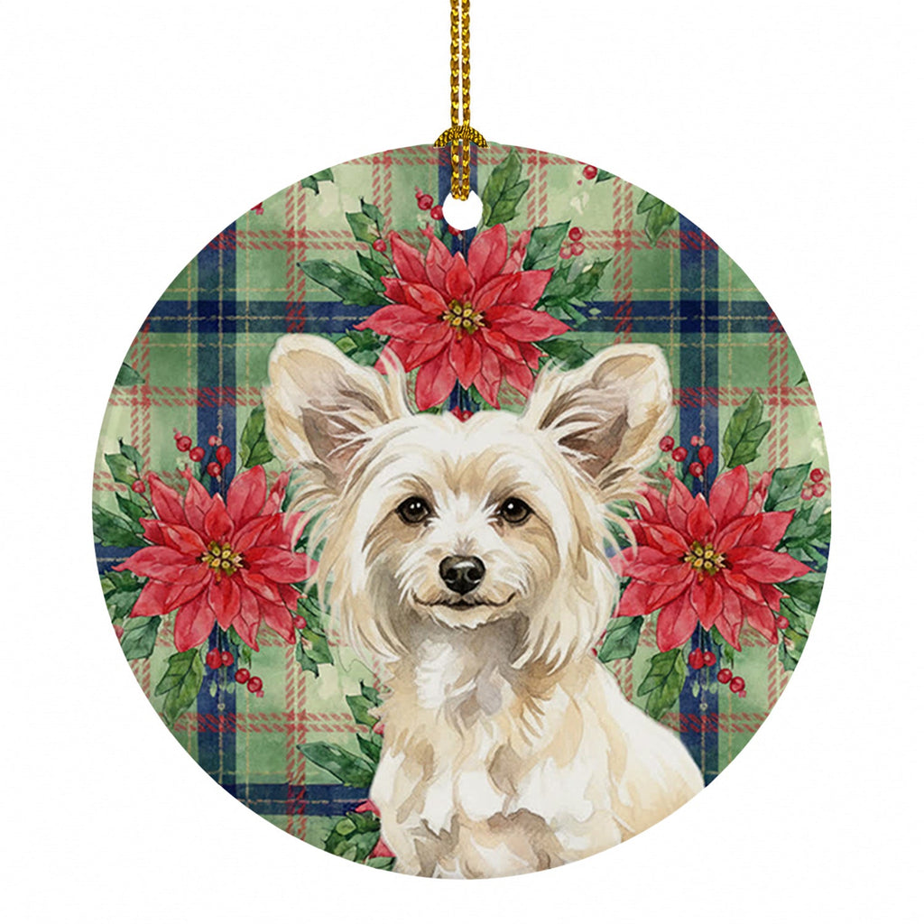 Powderpuff Chinese Crested Christmas PoinsettIas Ceramic Ornament Christmas Tree Hanging Decorations for Home Christmas Holiday, Party, Gift, 3 in, Multicolor