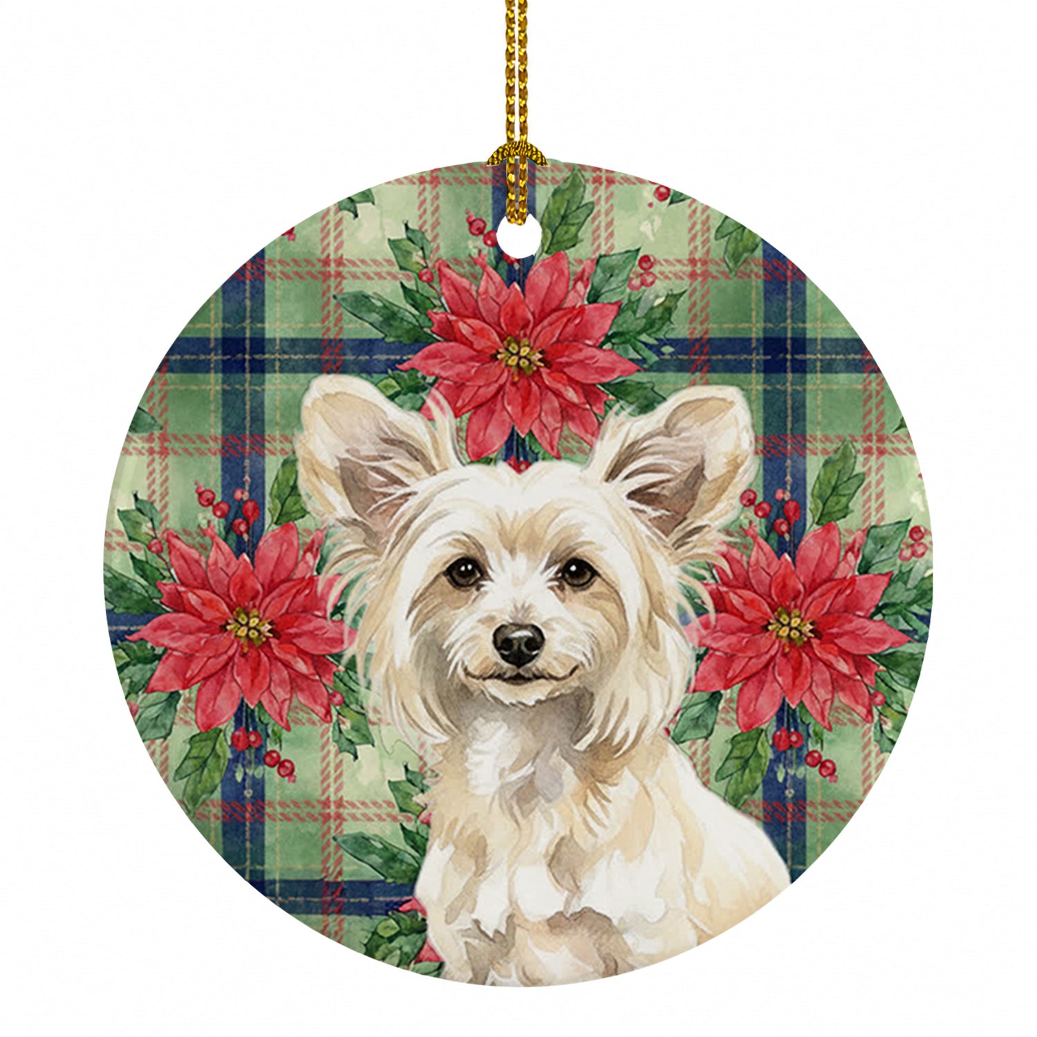 Powderpuff Chinese Crested Christmas PoinsettIas Ceramic Ornament Christmas Tree Hanging Decorations for Home Christmas Holiday, Party, Gift, 3 in, Multicolor