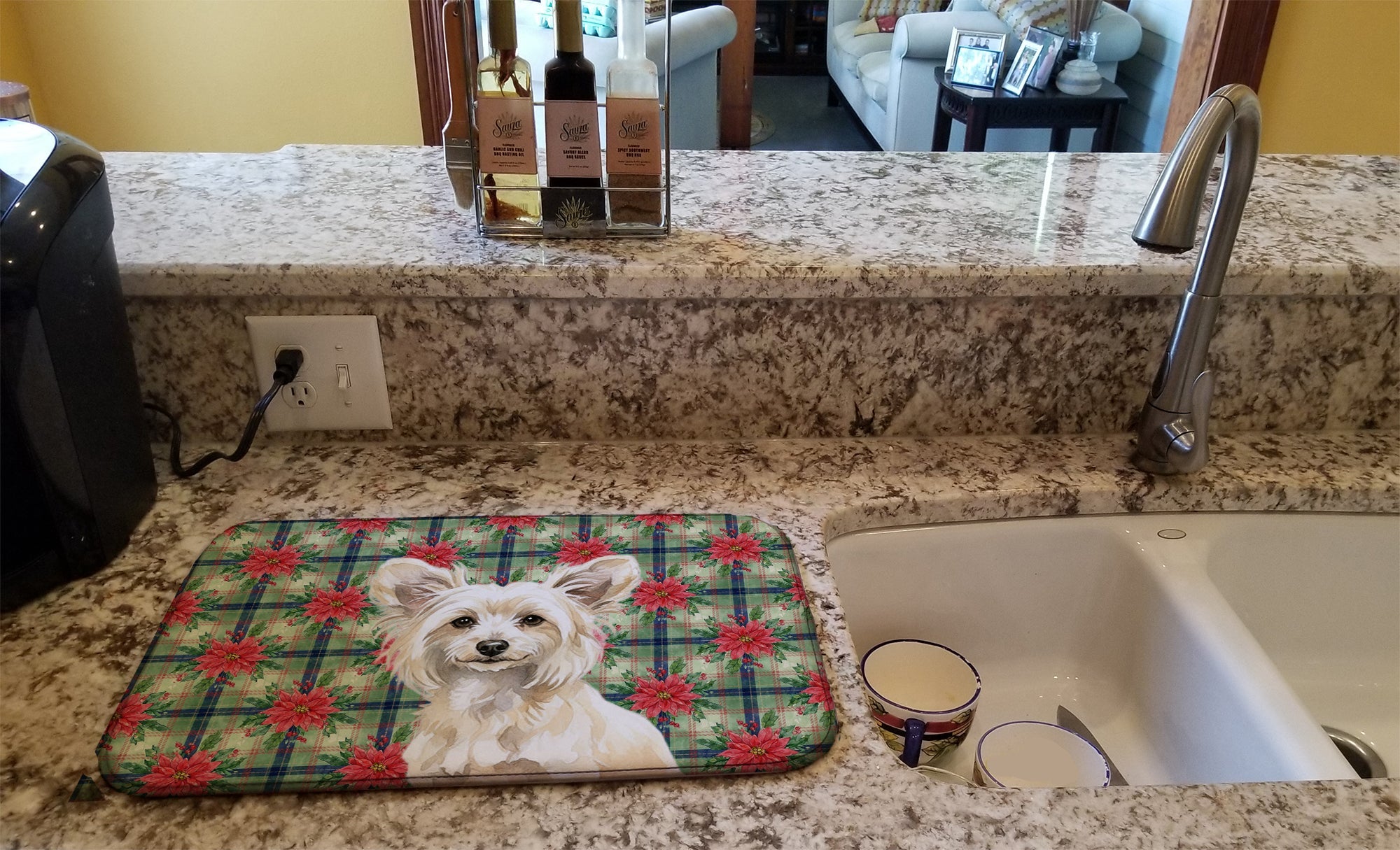 Powderpuff Chinese Crested Christmas PoinsettIas Dish Drying Mat Absorbent Dish Drying Mat Pad for Kitchen Counter Dish Drainer Mat for Countertop, 14 x 21", Multicolor