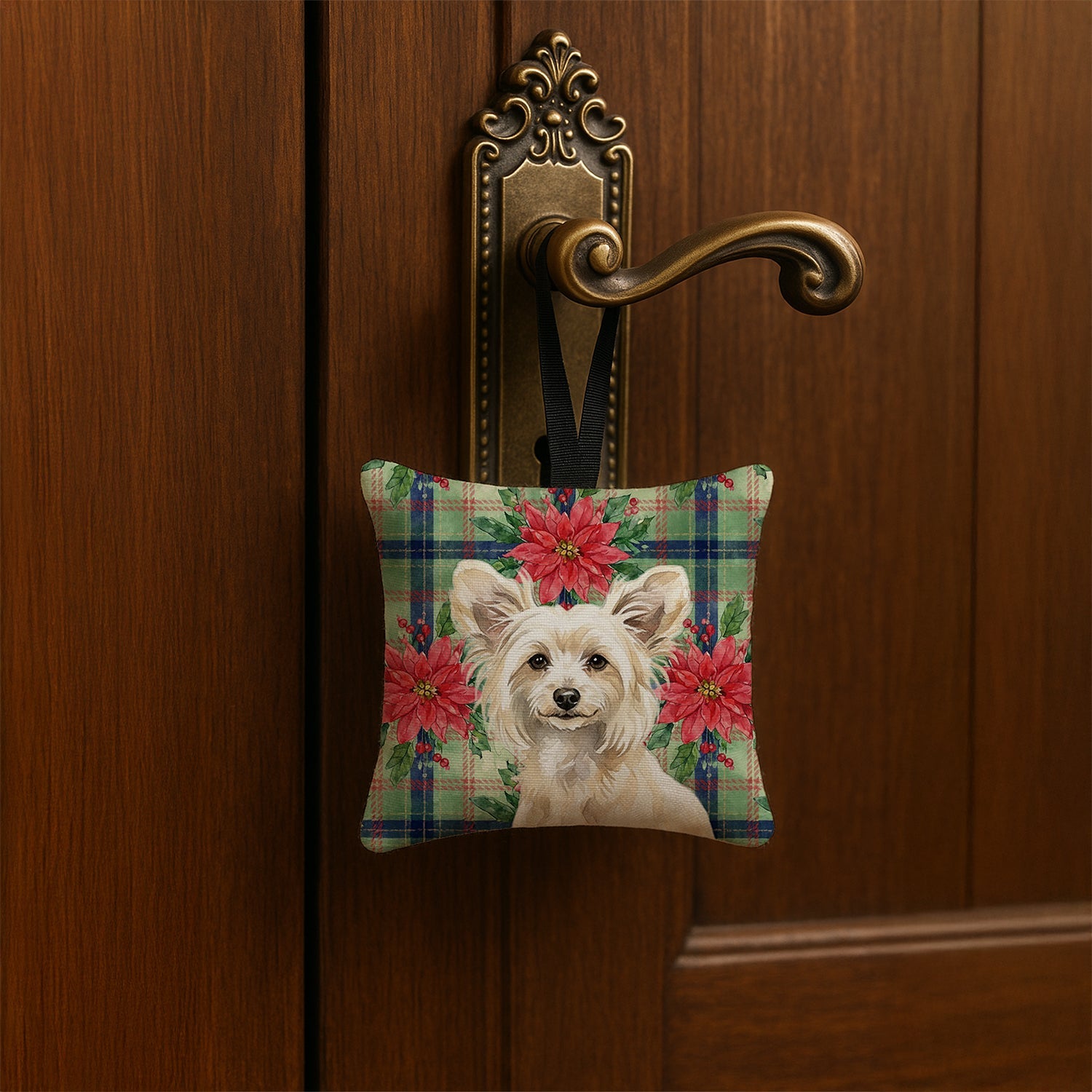 Powderpuff Chinese Crested Christmas PoinsettIas Hanging Square Fabric Ornament 3.5 � 3.5 Decorative Door-Knob & Tree Hanger, Soft Fabric