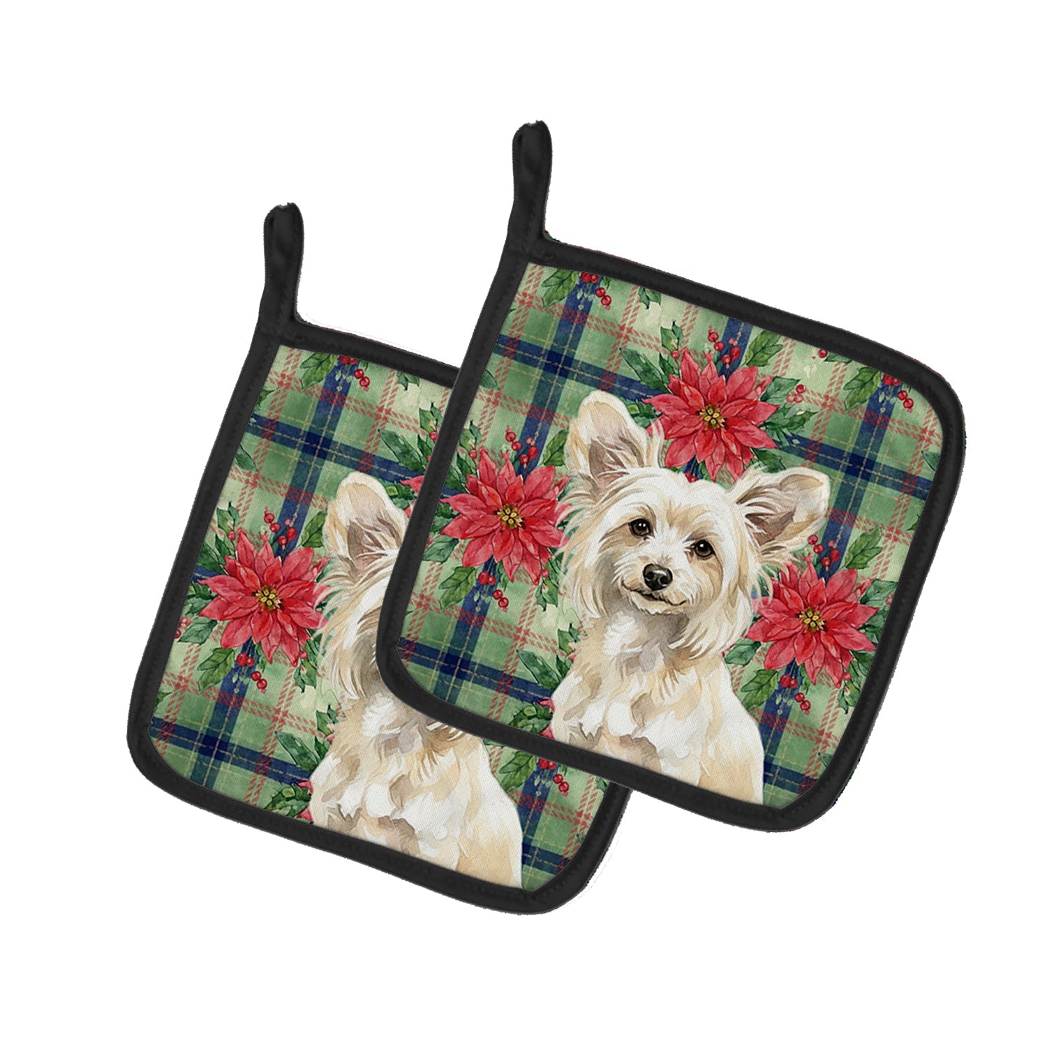 Powderpuff Chinese Crested Christmas PoinsettIas Pot Holder Set of 2 Heat Resistant Quilted Hot Pads 7.5 x 7.5 Inch, Insulated Kitchen Trivets for Cooking & Baking
