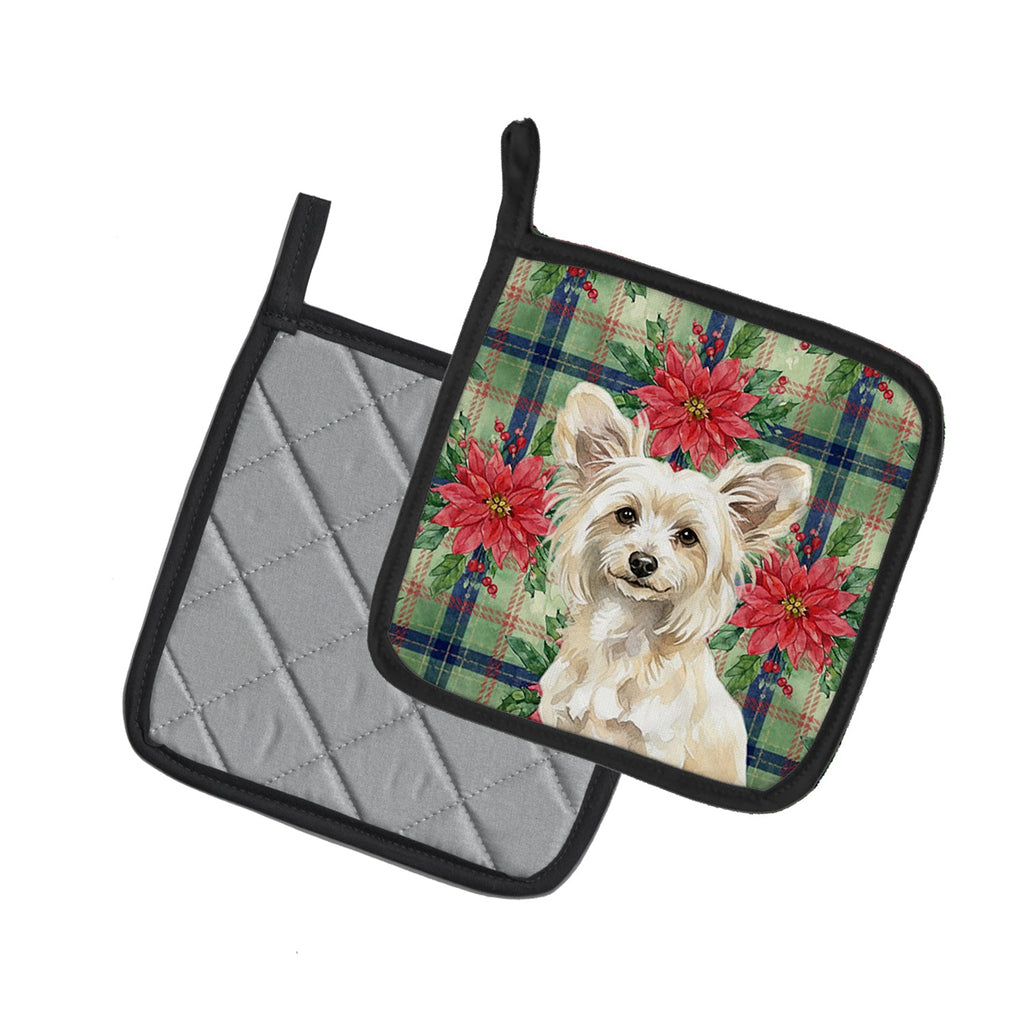 Powderpuff Chinese Crested Christmas PoinsettIas Pot Holder Set of 2 Heat Resistant Quilted Hot Pads 7.5 x 7.5 Inch, Insulated Kitchen Trivets for Cooking & Baking