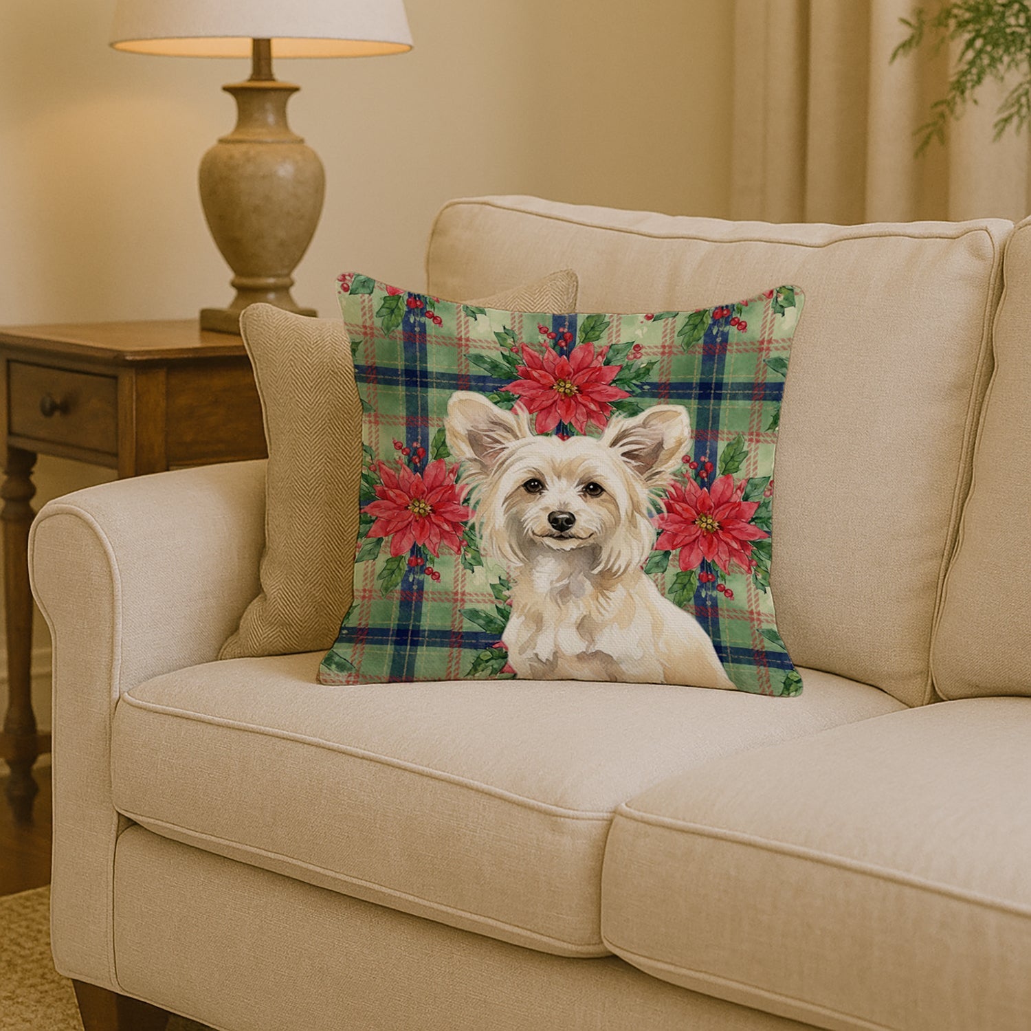 Powderpuff Chinese Crested Christmas PoinsettIas Decorative Throw Pillow 14x14 Indoor Outdoor Accent Cushion, Fabric Cover with Insert for Sofa, Bed, Porch & Living Room