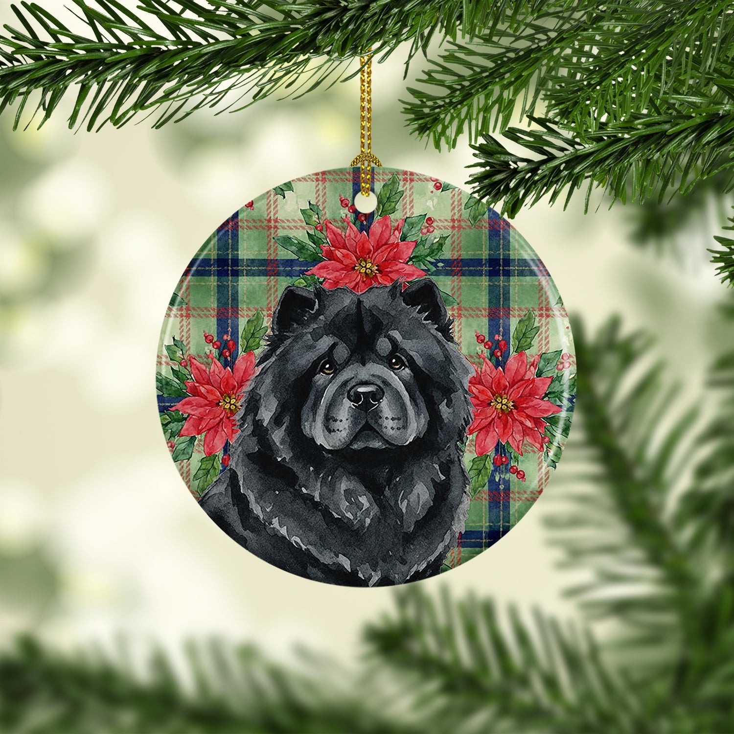 Black Chow Chow Christmas PoinsettIas Ceramic Ornament Christmas Tree Hanging Decorations for Home Christmas Holiday, Party, Gift, 3 in, Multicolor