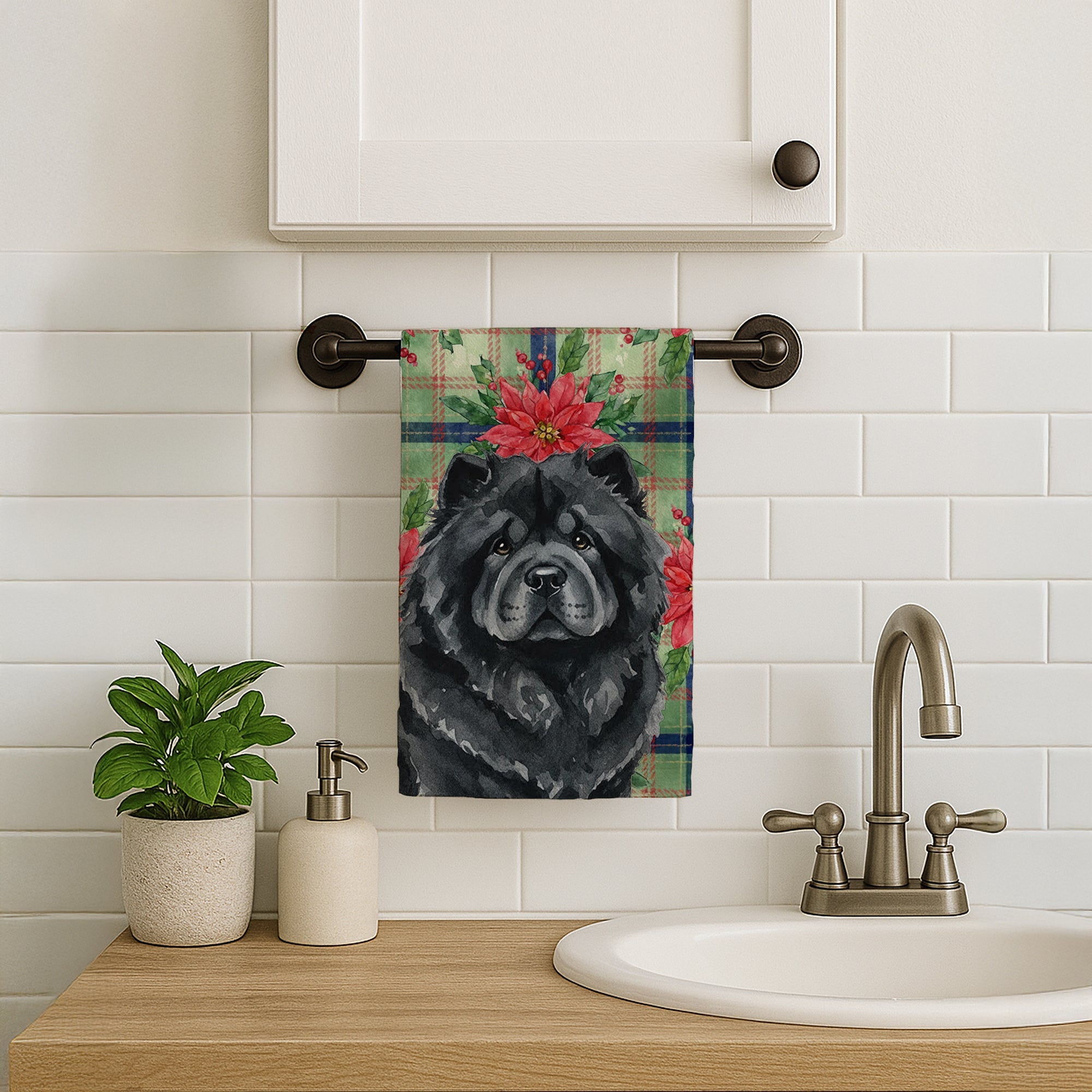 Black Chow Chow Christmas PoinsettIas Kitchen Towel Velour Plush Front and Cotton Loop Back Machine Washable