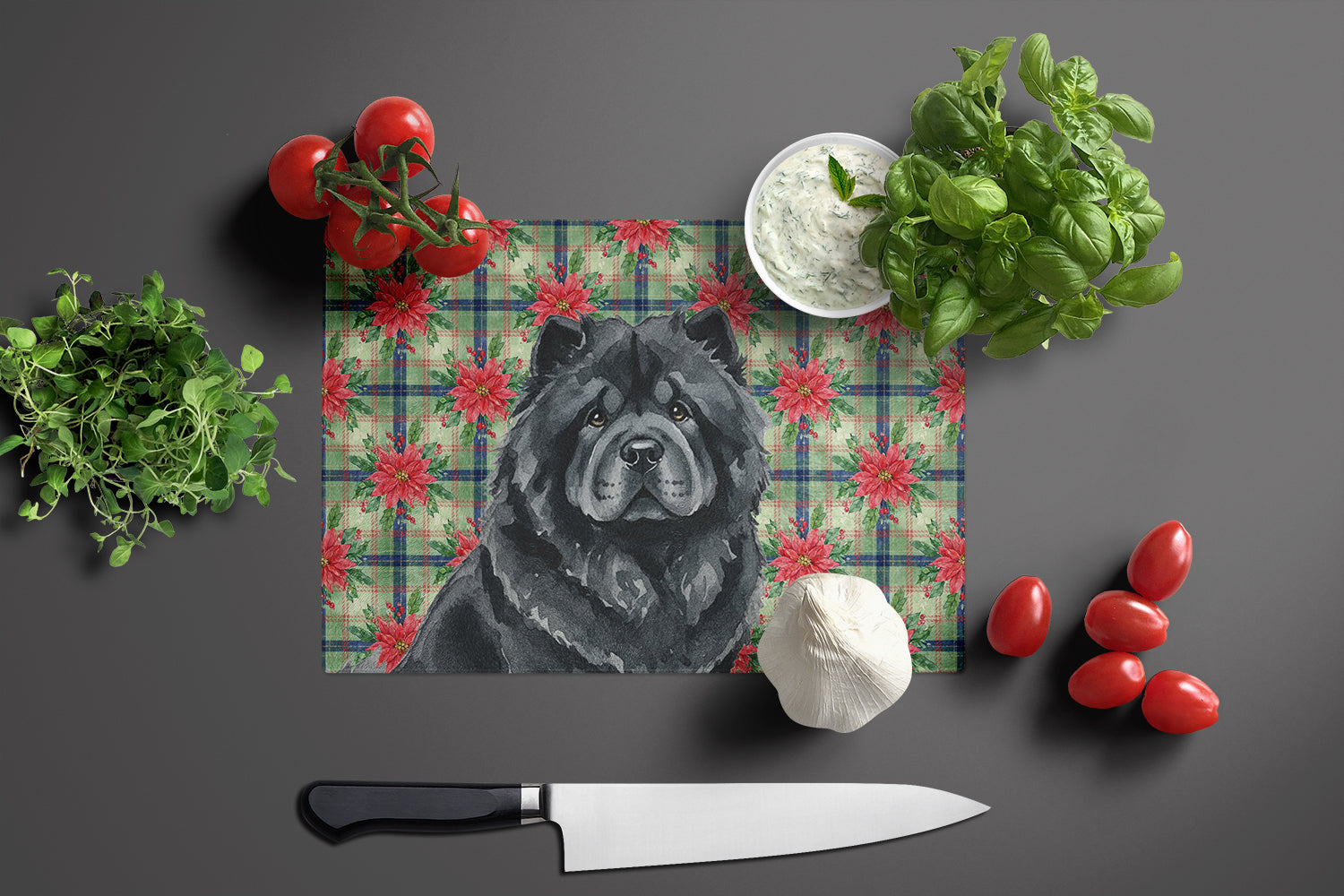 Black Chow Chow Christmas PoinsettIas Cutting Board Tempered Glass Kitchen Cutting Surface, Heat Resistant Chopping, Non-Slip Feet, Food Prep & Serving