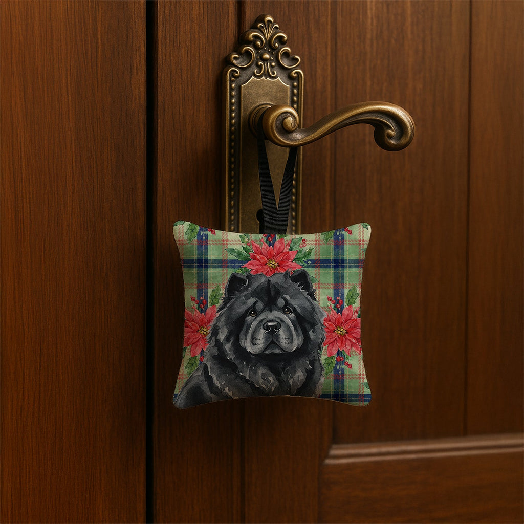 Black Chow Chow Christmas PoinsettIas Hanging Square Fabric Ornament 3.5 � 3.5 Decorative Door-Knob & Tree Hanger, Soft Fabric