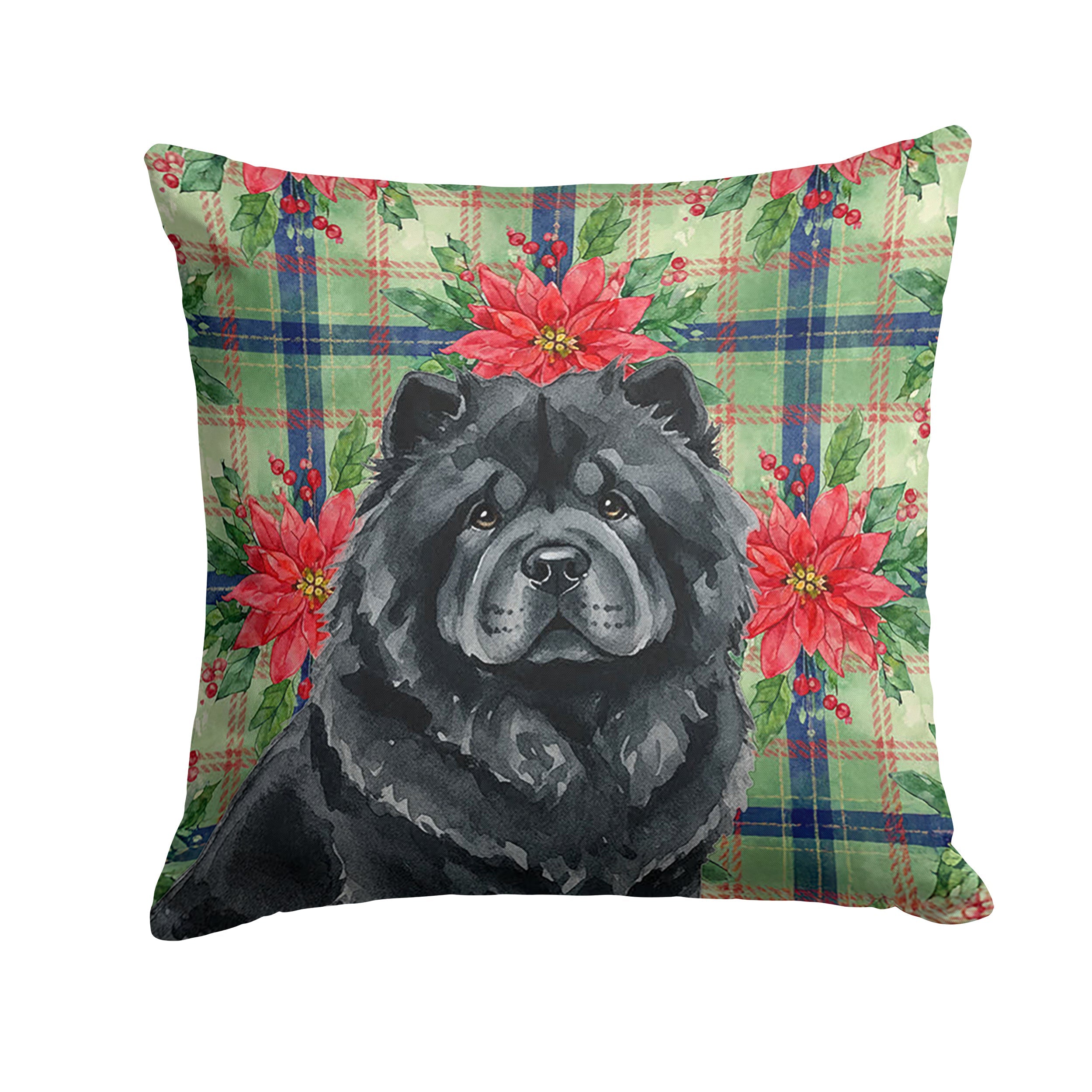 Black Chow Chow Christmas PoinsettIas Decorative Throw Pillow 18x18 Indoor Outdoor Accent Cushion, Fabric Cover with Insert for Sofa, Bed, Porch & Living Room
