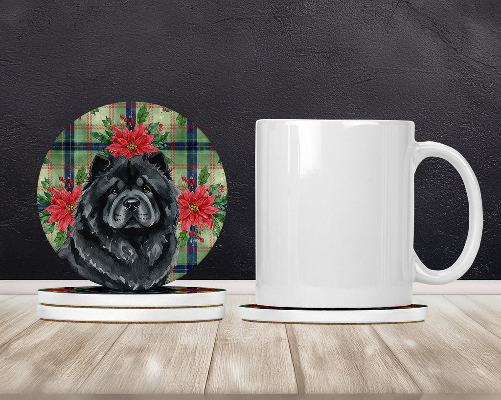 Black Chow Chow Christmas PoinsettIas Large Sandstone Coasters Pack of 4 Absorbent Round Coasters Decor Gifts for Men or Women, 4 in, Multicolor