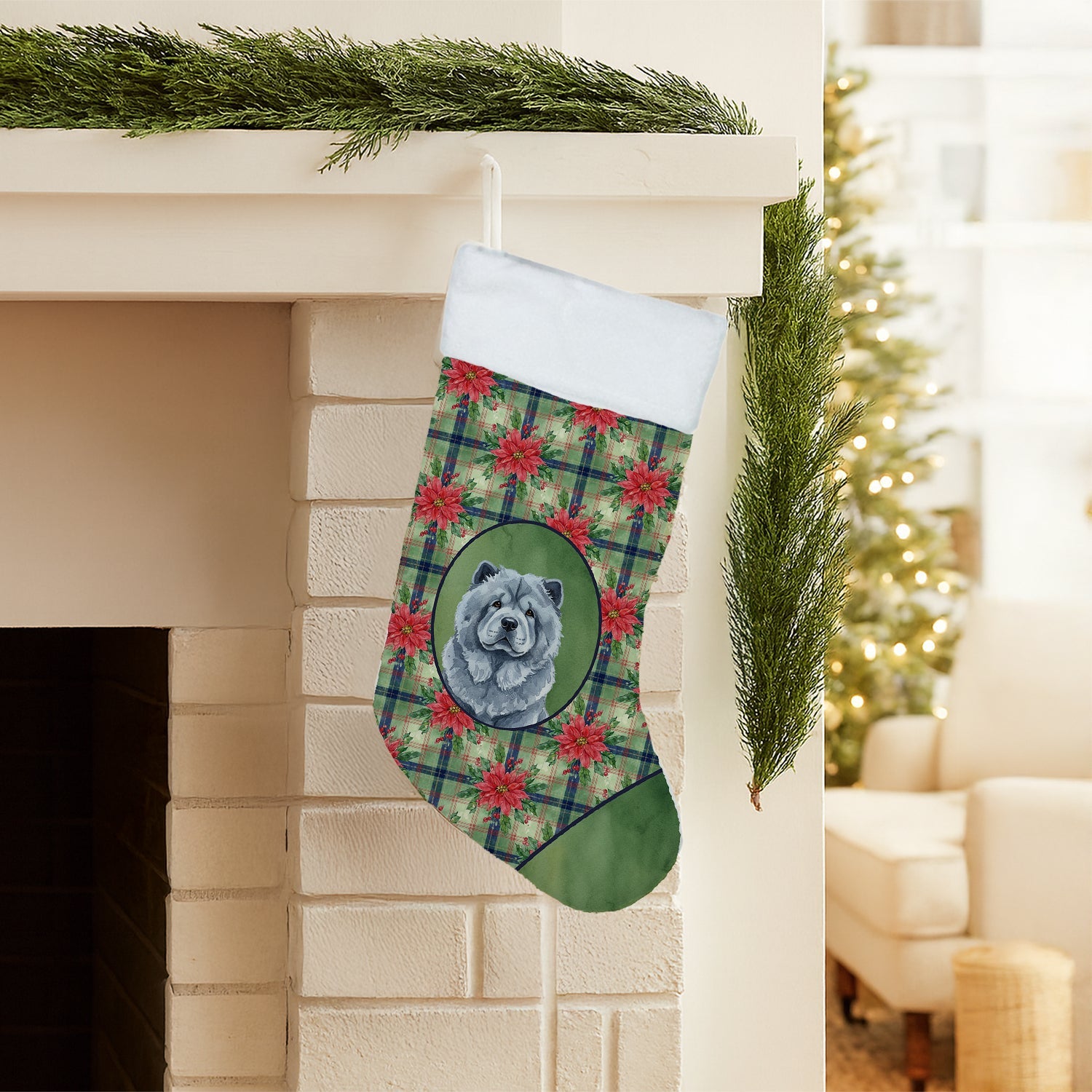 Blue Chow Chow Christmas PoinsettIas Holiday Stocking Double-Sided Print, Polyester Suede,11x18, Made in USA
