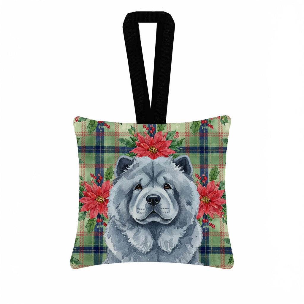 Blue Chow Chow Christmas PoinsettIas Hanging Square Fabric Ornament 3.5 � 3.5 Decorative Door-Knob & Tree Hanger, Soft Fabric