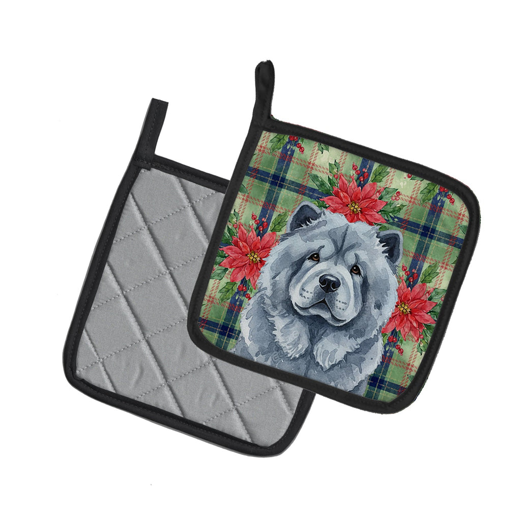 Blue Chow Chow Christmas PoinsettIas Pot Holder Set of 2 Heat Resistant Quilted Hot Pads 7.5 x 7.5 Inch, Insulated Kitchen Trivets for Cooking & Baking