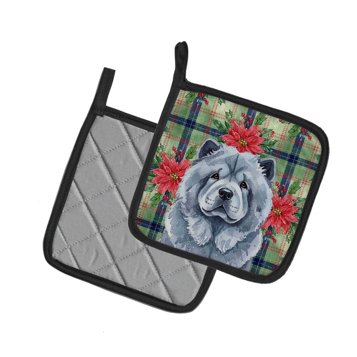 Blue Chow Chow Christmas PoinsettIas Pot Holder Set of 2 Heat Resistant Quilted Hot Pads 7.5 x 7.5 Inch, Insulated Kitchen Trivets for Cooking & Baking