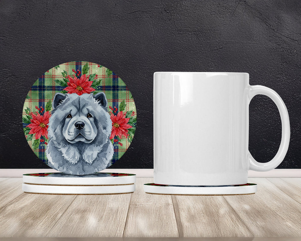 Blue Chow Chow Christmas PoinsettIas Large Sandstone Coasters Pack of 4 Absorbent Round Coasters Decor Gifts for Men or Women, 4 in, Multicolor