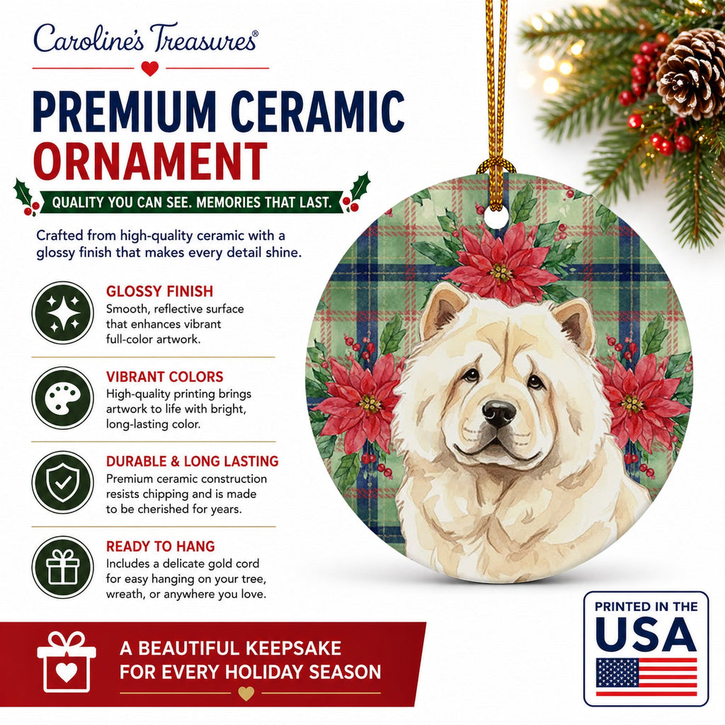 Cream Chow Chow Christmas PoinsettIas Ceramic Ornament Christmas Tree Hanging Decorations for Home Christmas Holiday, Party, Gift, 3 in, Multicolor