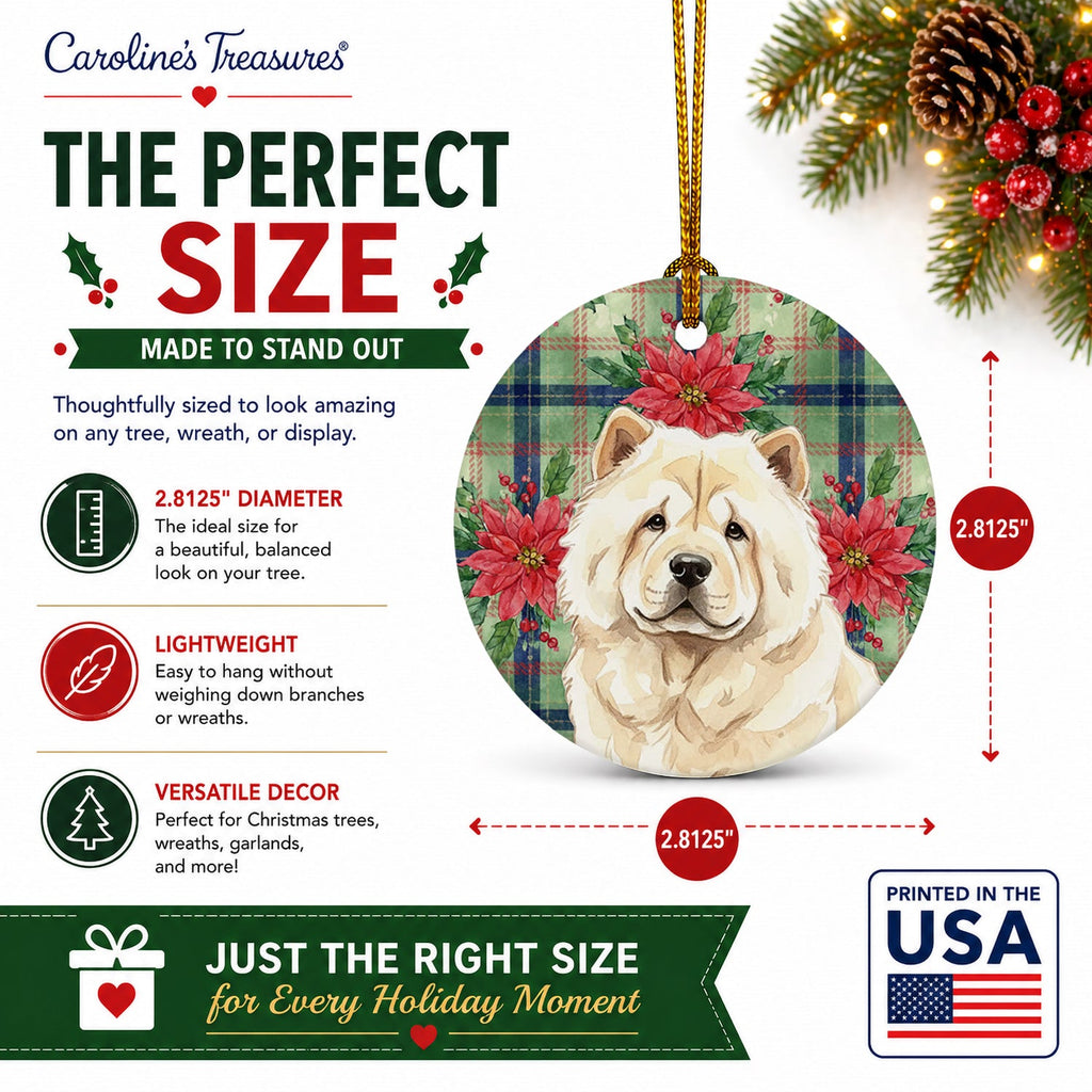 Cream Chow Chow Christmas PoinsettIas Ceramic Ornament Christmas Tree Hanging Decorations for Home Christmas Holiday, Party, Gift, 3 in, Multicolor