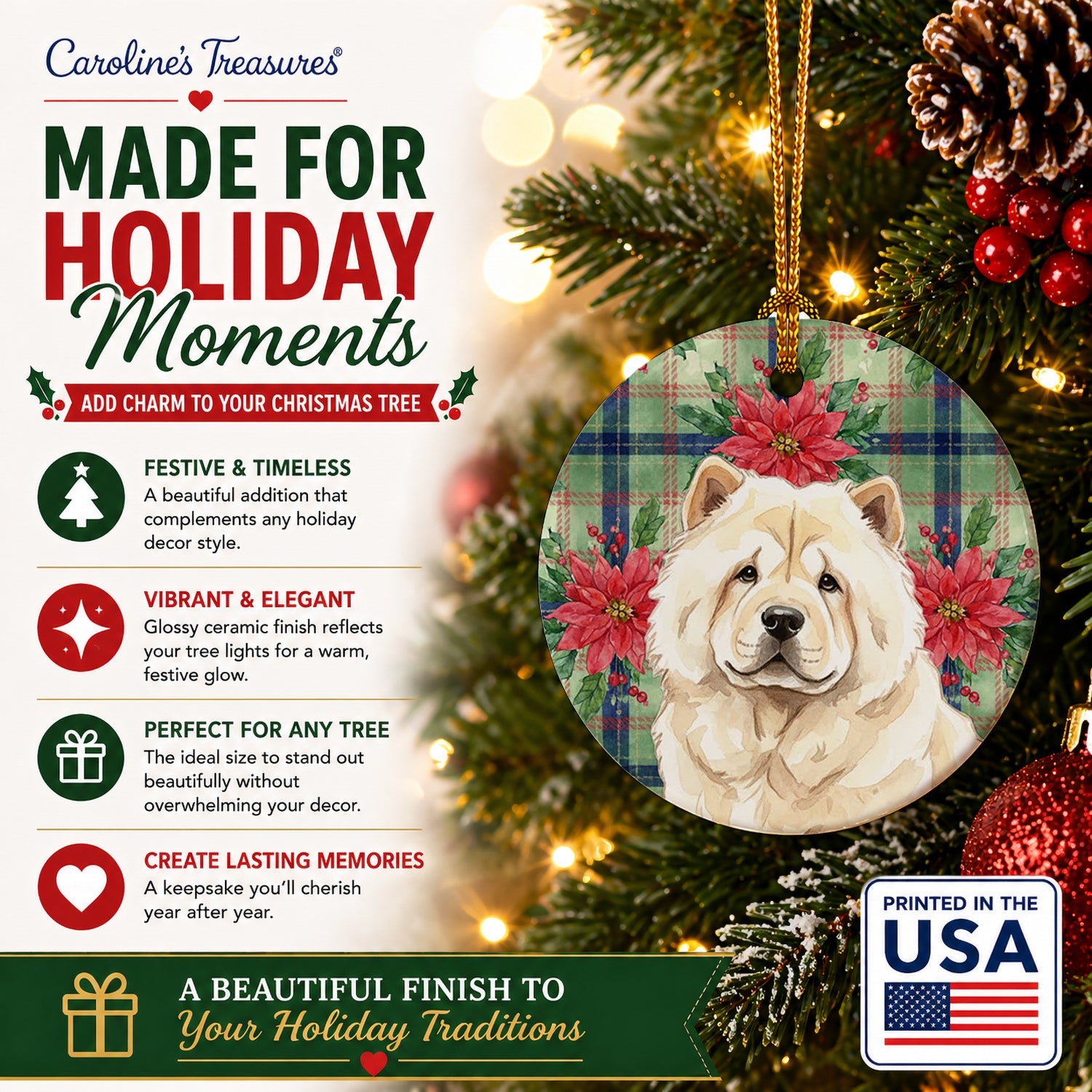 Cream Chow Chow Christmas PoinsettIas Ceramic Ornament Christmas Tree Hanging Decorations for Home Christmas Holiday, Party, Gift, 3 in, Multicolor