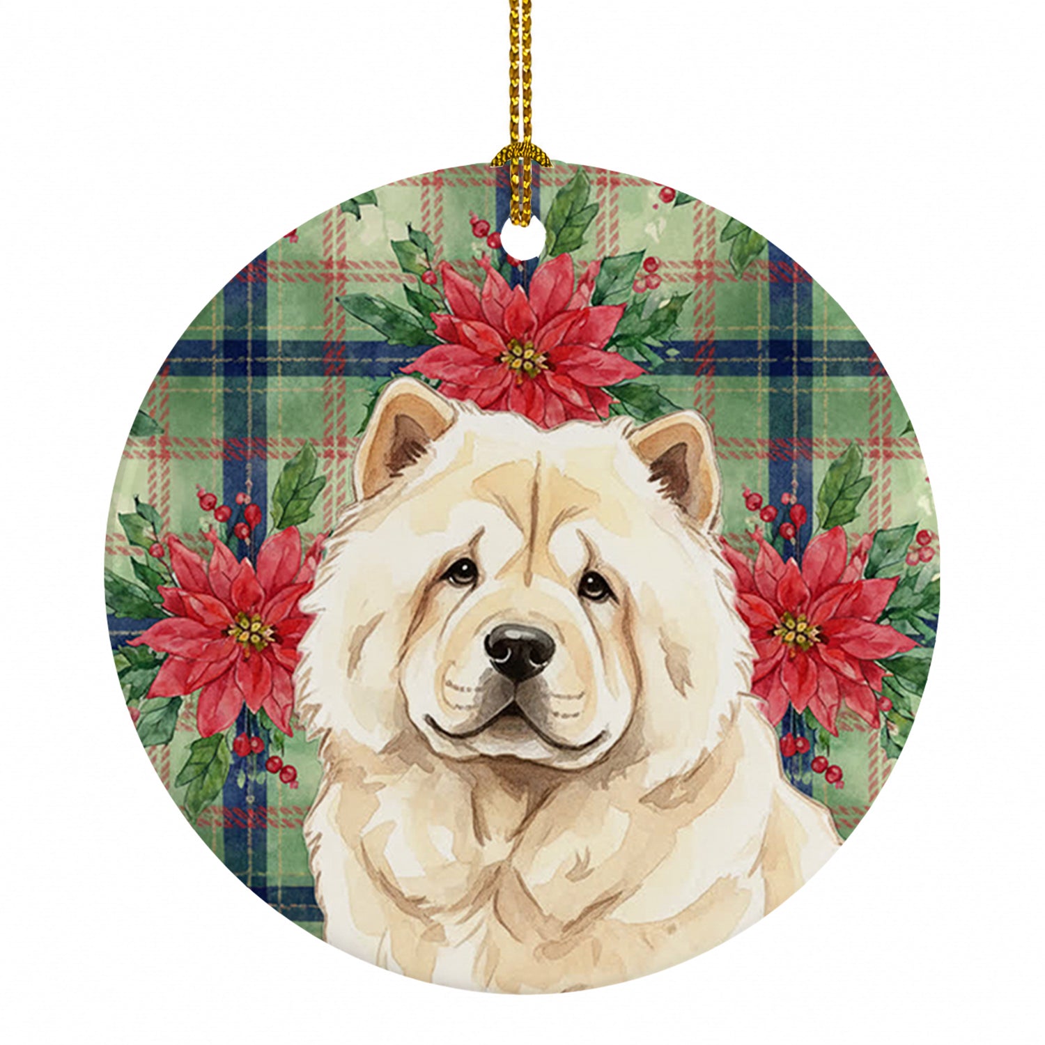 Cream Chow Chow Christmas PoinsettIas Ceramic Ornament Christmas Tree Hanging Decorations for Home Christmas Holiday, Party, Gift, 3 in, Multicolor