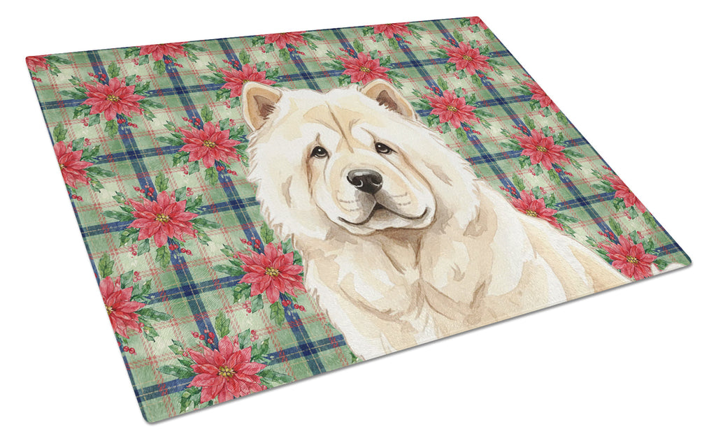 Cream Chow Chow Christmas PoinsettIas Cutting Board Tempered Glass Kitchen Cutting Surface, Heat Resistant Chopping, Non-Slip Feet, Food Prep & Serving