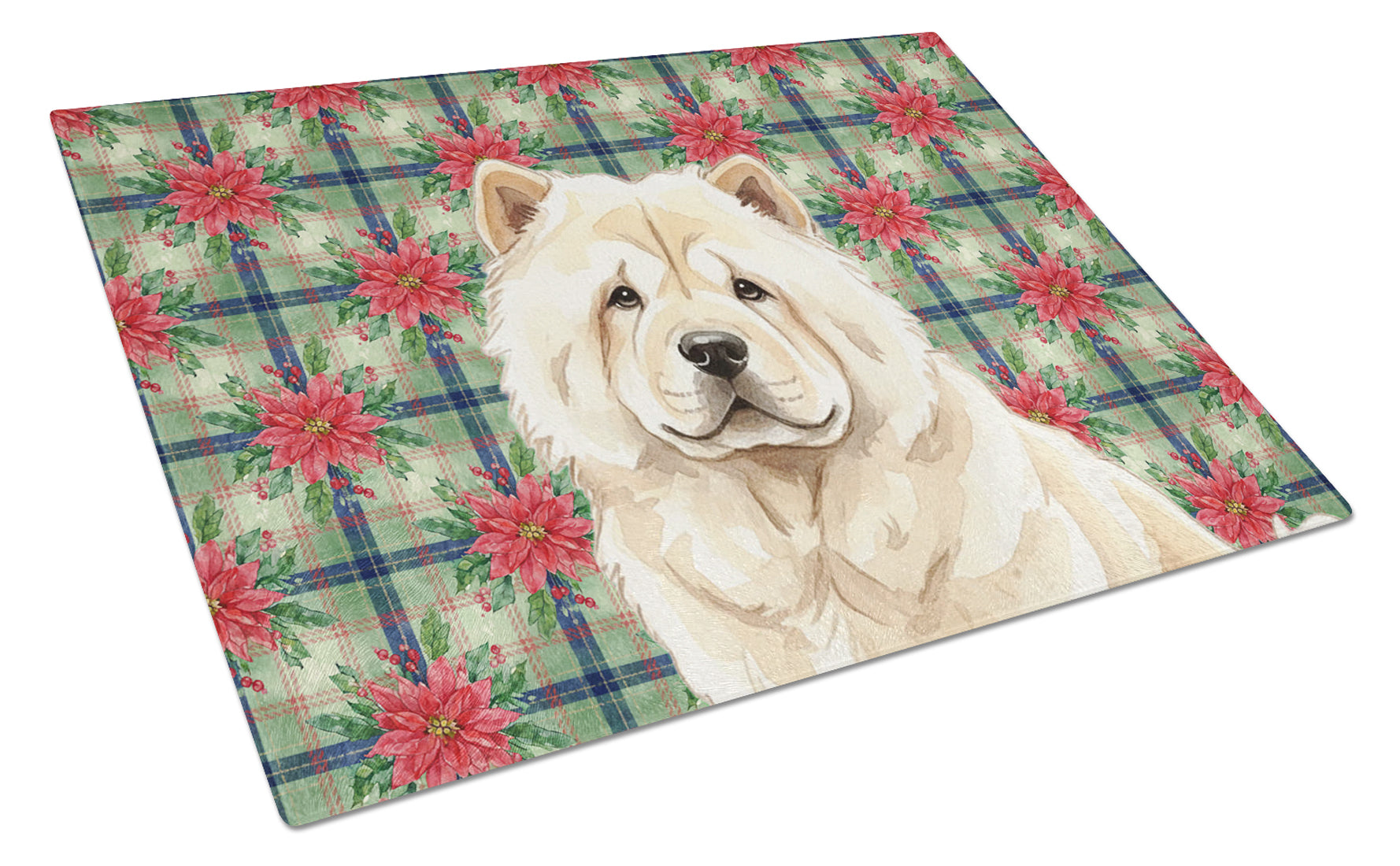 Cream Chow Chow Christmas PoinsettIas Cutting Board Tempered Glass Kitchen Cutting Surface, Heat Resistant Chopping, Non-Slip Feet, Food Prep & Serving