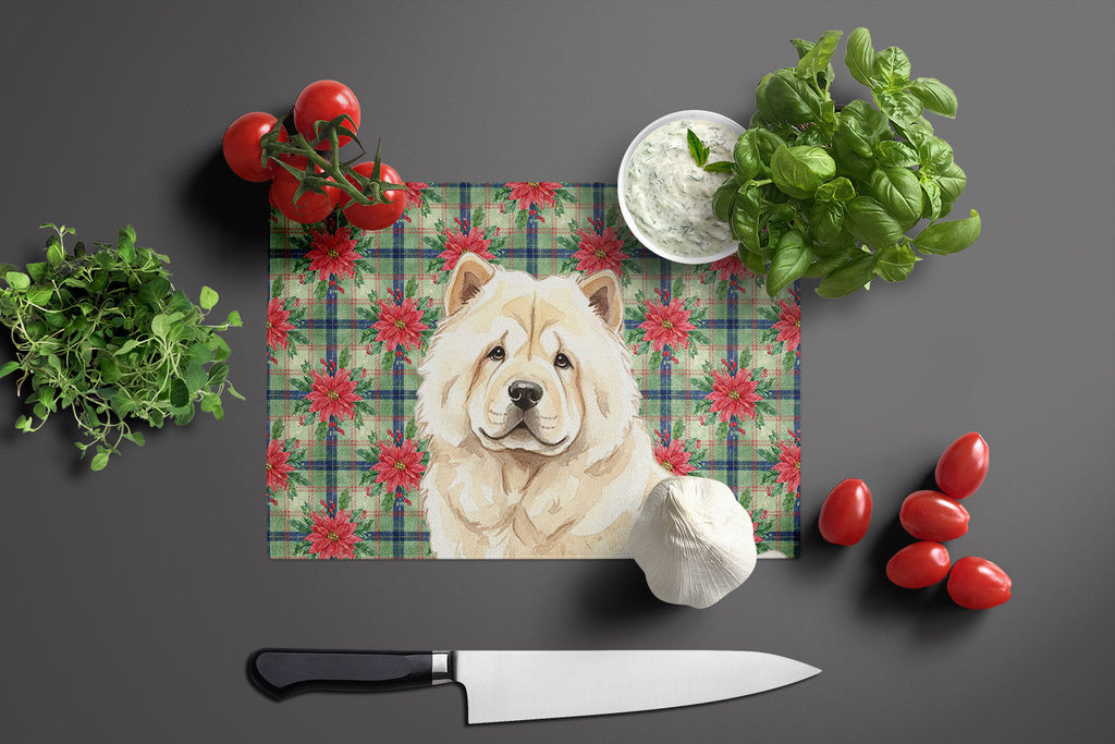 Cream Chow Chow Christmas PoinsettIas Cutting Board Tempered Glass Kitchen Cutting Surface, Heat Resistant Chopping, Non-Slip Feet, Food Prep & Serving