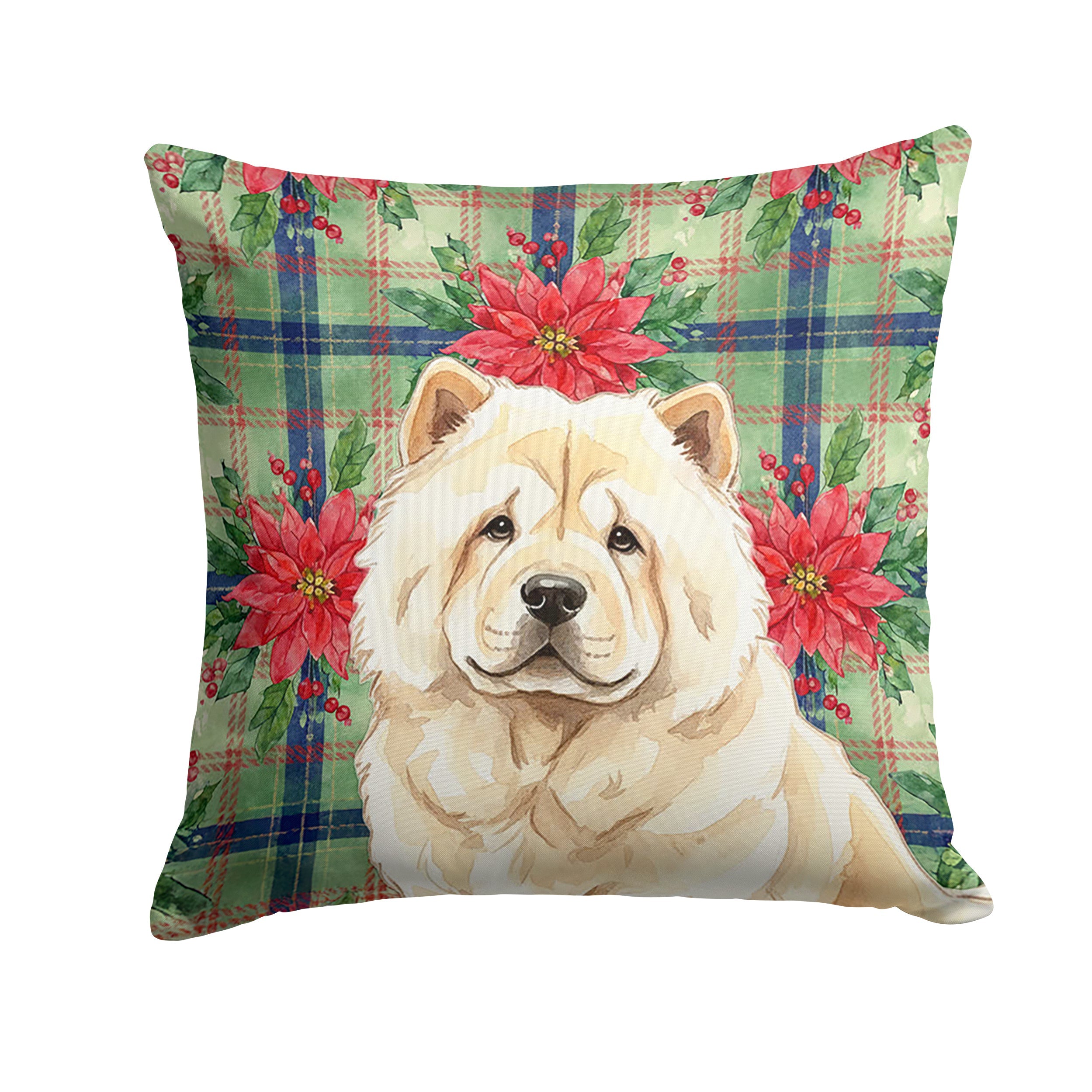 Cream Chow Chow Christmas PoinsettIas Decorative Throw Pillow 14x14 Indoor Outdoor Accent Cushion, Fabric Cover with Insert for Sofa, Bed, Porch & Living Room