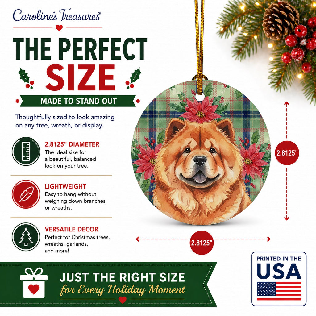Red Chow Chow Christmas PoinsettIas Ceramic Ornament Christmas Tree Hanging Decorations for Home Christmas Holiday, Party, Gift, 3 in, Multicolor