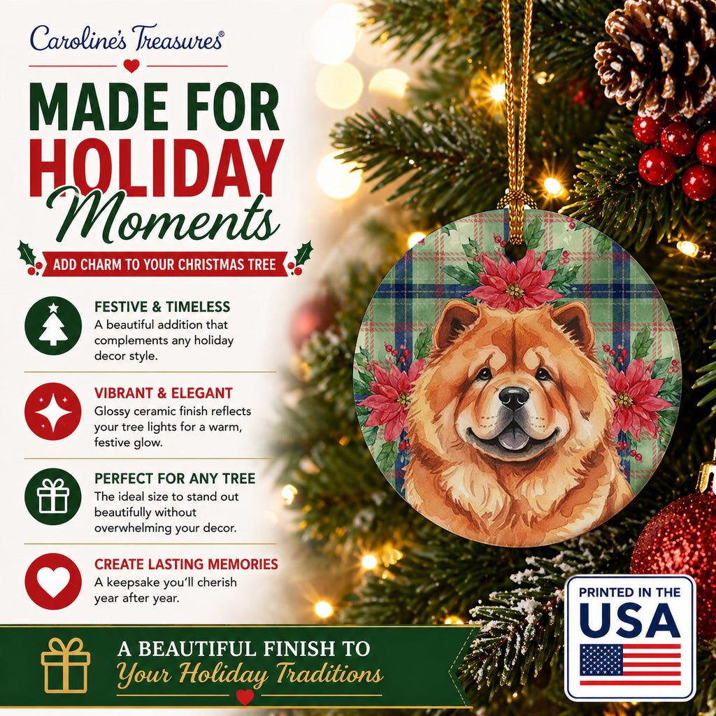 Red Chow Chow Christmas PoinsettIas Ceramic Ornament Christmas Tree Hanging Decorations for Home Christmas Holiday, Party, Gift, 3 in, Multicolor