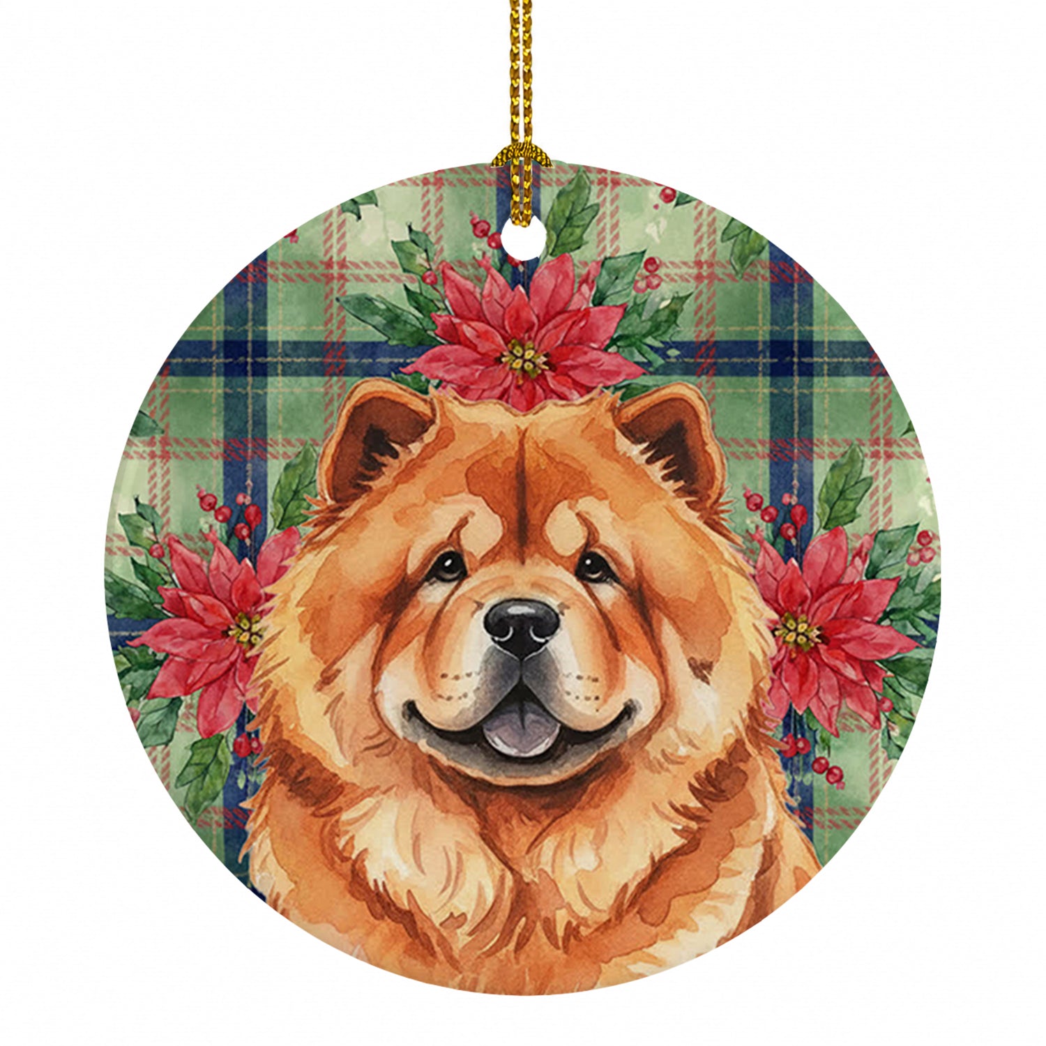 Red Chow Chow Christmas PoinsettIas Ceramic Ornament Christmas Tree Hanging Decorations for Home Christmas Holiday, Party, Gift, 3 in, Multicolor