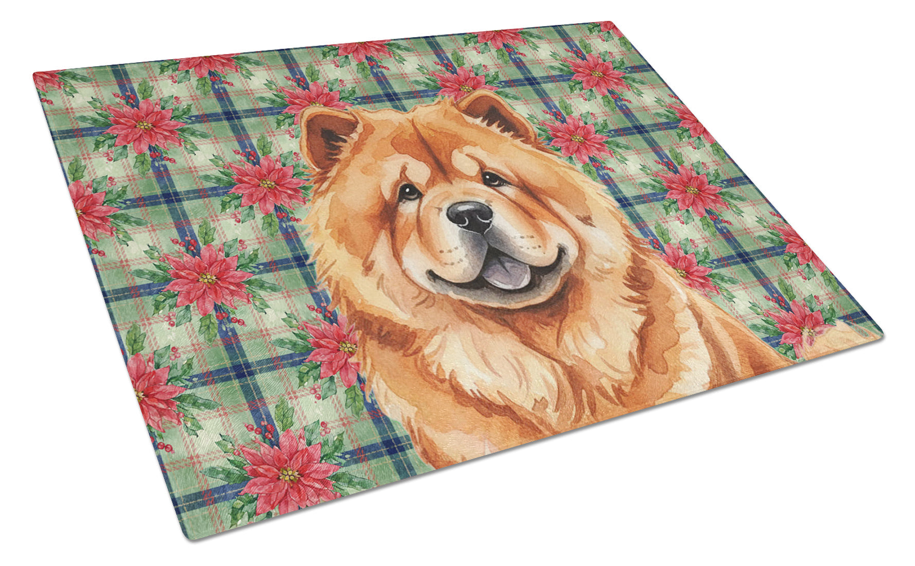 Red Chow Chow Christmas PoinsettIas Cutting Board Tempered Glass Kitchen Cutting Surface, Heat Resistant Chopping, Non-Slip Feet, Food Prep & Serving