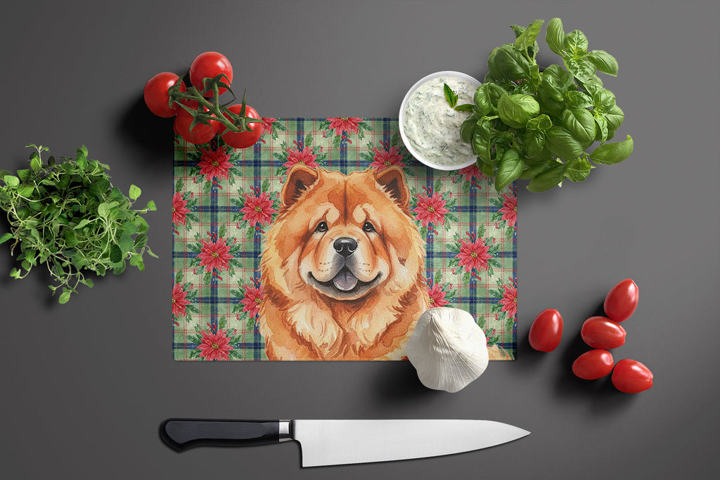 Red Chow Chow Christmas PoinsettIas Cutting Board Tempered Glass Kitchen Cutting Surface, Heat Resistant Chopping, Non-Slip Feet, Food Prep & Serving