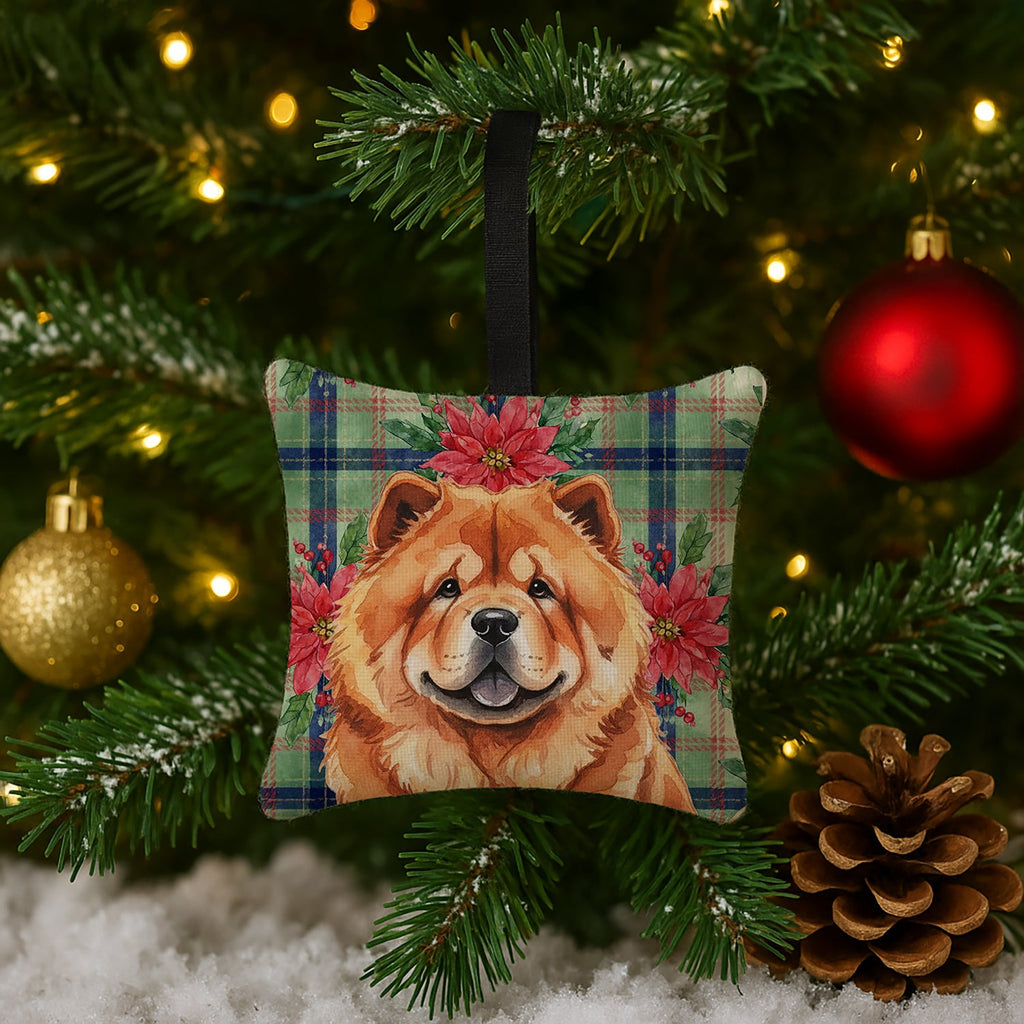 Red Chow Chow Christmas PoinsettIas Hanging Square Fabric Ornament 3.5 � 3.5 Decorative Door-Knob & Tree Hanger, Soft Fabric