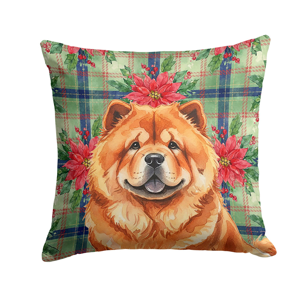 Red Chow Chow Christmas PoinsettIas Decorative Throw Pillow 14x14 Indoor Outdoor Accent Cushion, Fabric Cover with Insert for Sofa, Bed, Porch & Living Room