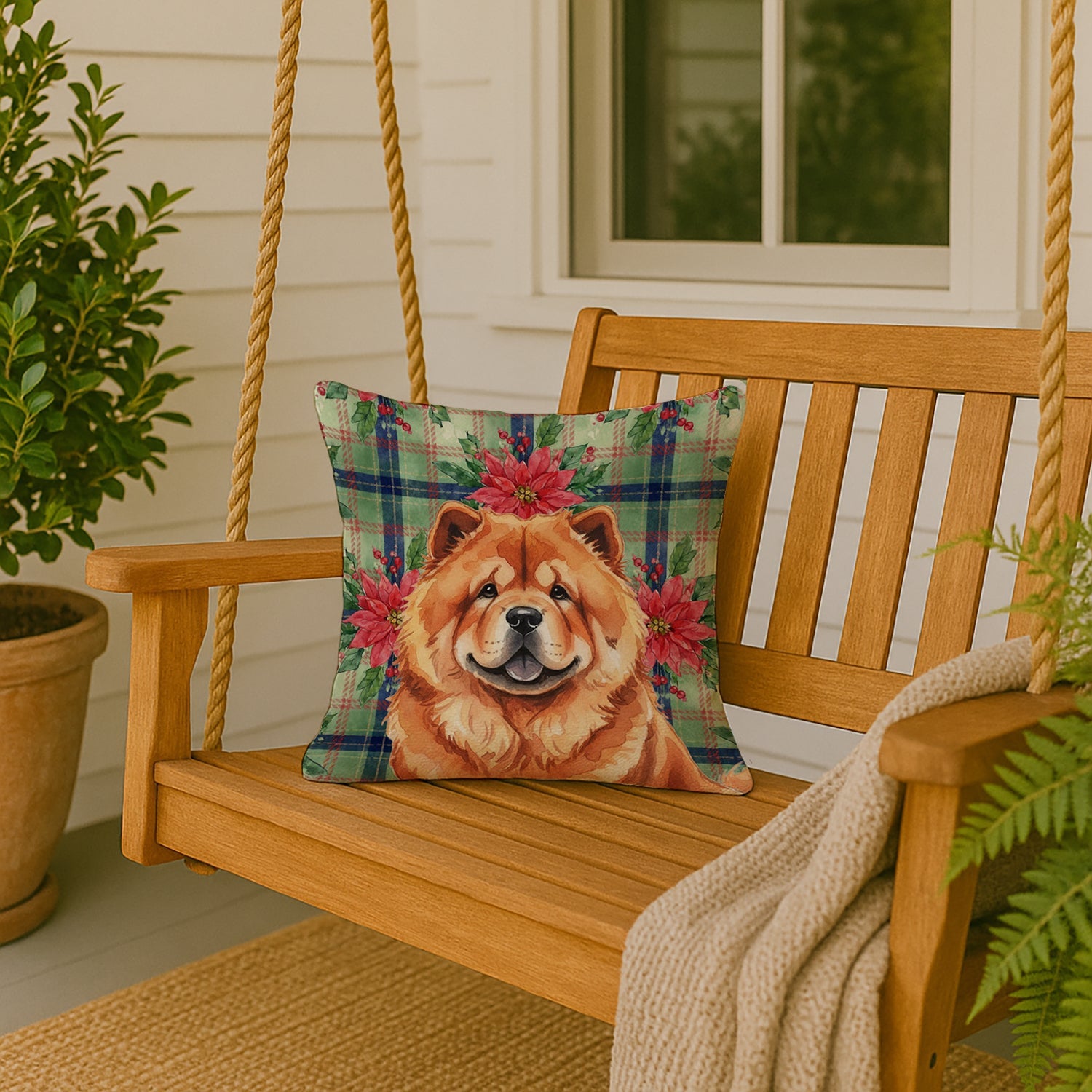 Red Chow Chow Christmas PoinsettIas Decorative Throw Pillow 18x18 Indoor Outdoor Accent Cushion, Fabric Cover with Insert for Sofa, Bed, Porch & Living Room