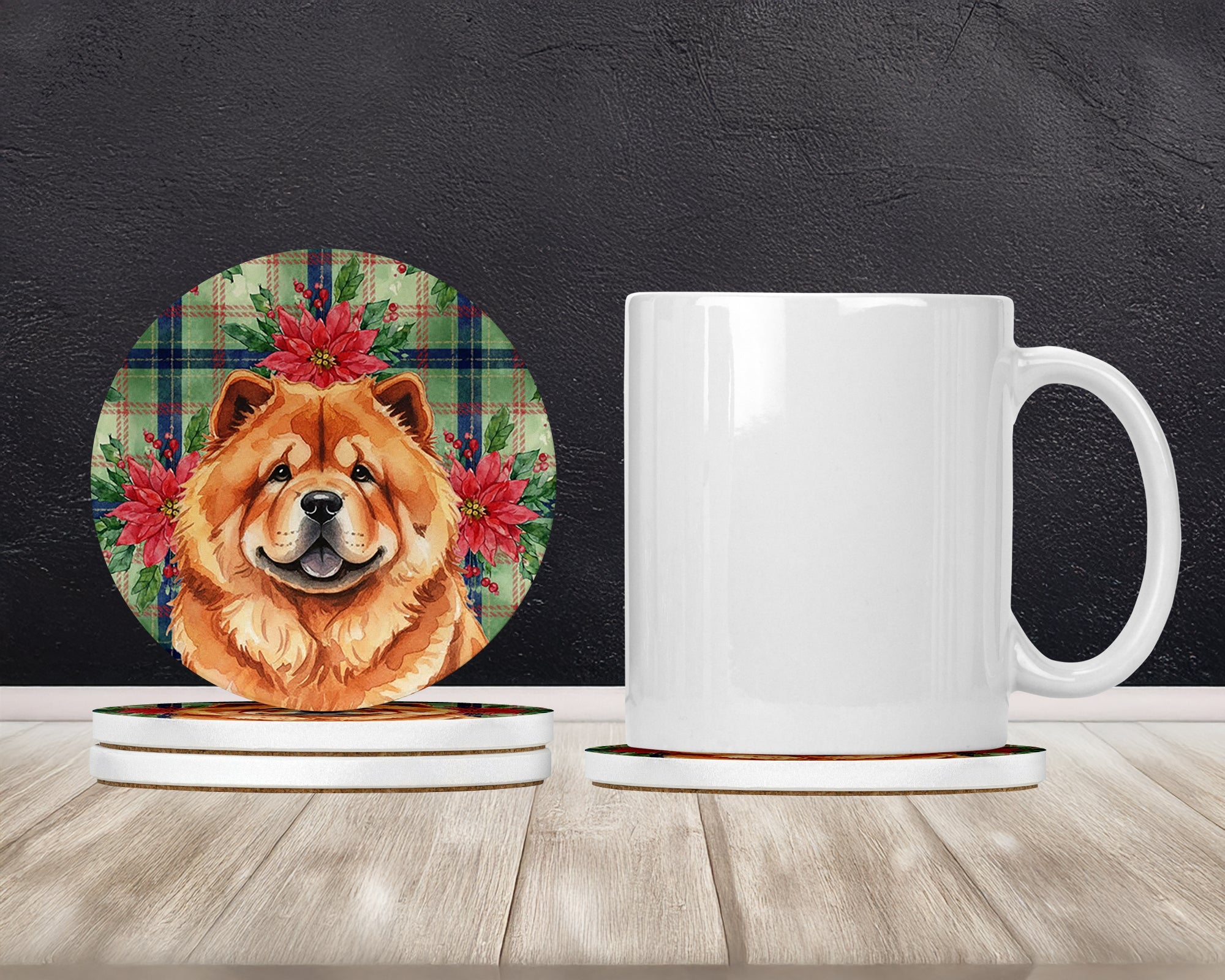 Red Chow Chow Christmas PoinsettIas Large Sandstone Coasters Pack of 4 Absorbent Round Coasters Decor Gifts for Men or Women, 4 in, Multicolor