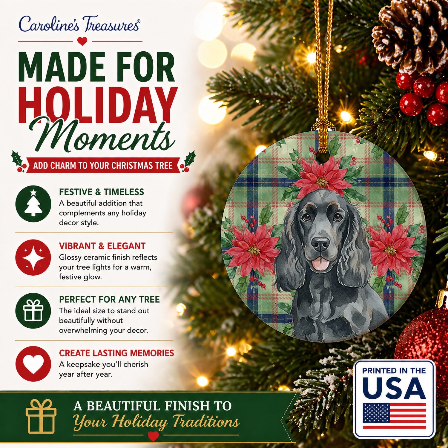 Black Cocker Spaniel Christmas PoinsettIas Ceramic Ornament Christmas Tree Hanging Decorations for Home Christmas Holiday, Party, Gift, 3 in, Multicolor