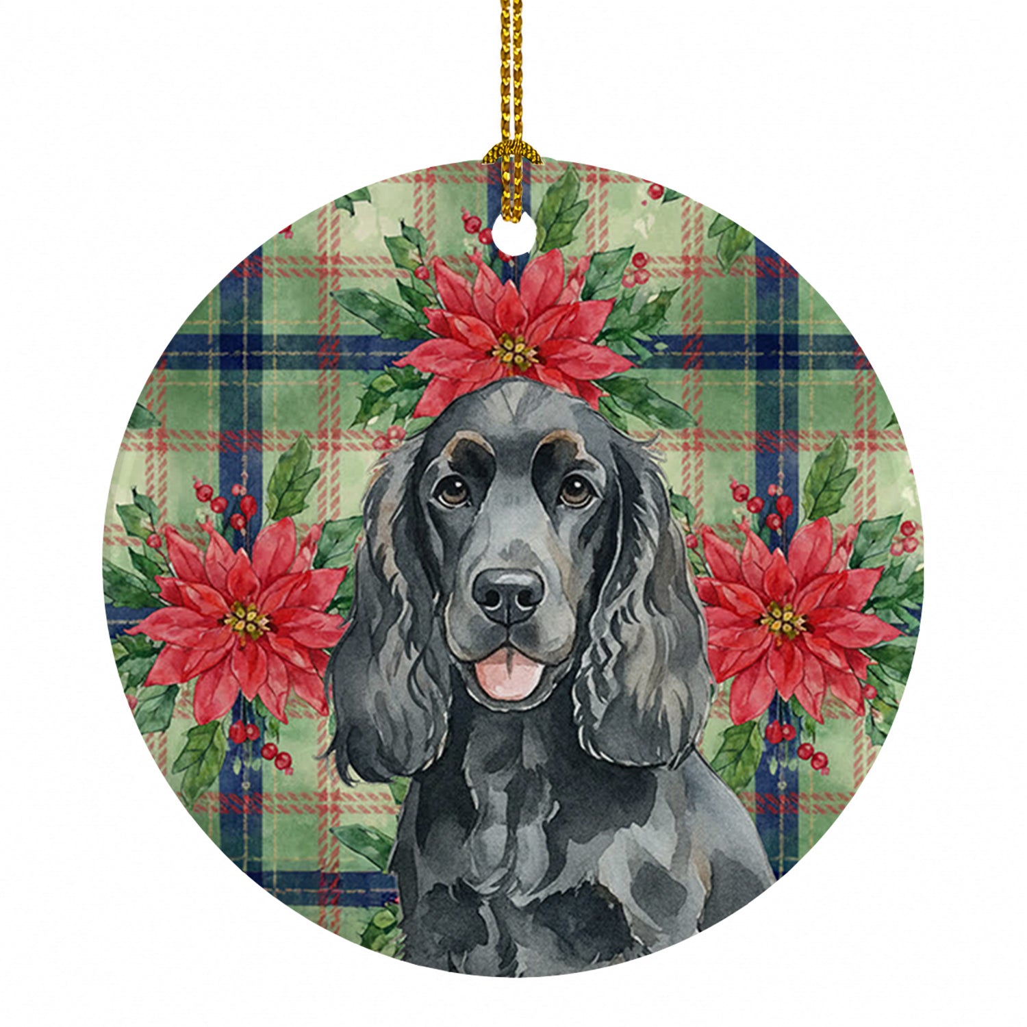 Black Cocker Spaniel Christmas PoinsettIas Ceramic Ornament Christmas Tree Hanging Decorations for Home Christmas Holiday, Party, Gift, 3 in, Multicolor