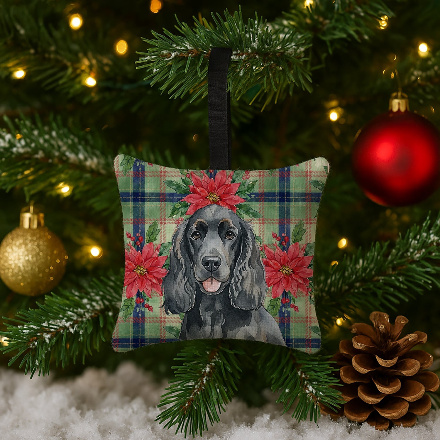 Black Cocker Spaniel Christmas PoinsettIas Hanging Square Fabric Ornament 3.5 � 3.5 Decorative Door-Knob & Tree Hanger, Soft Fabric
