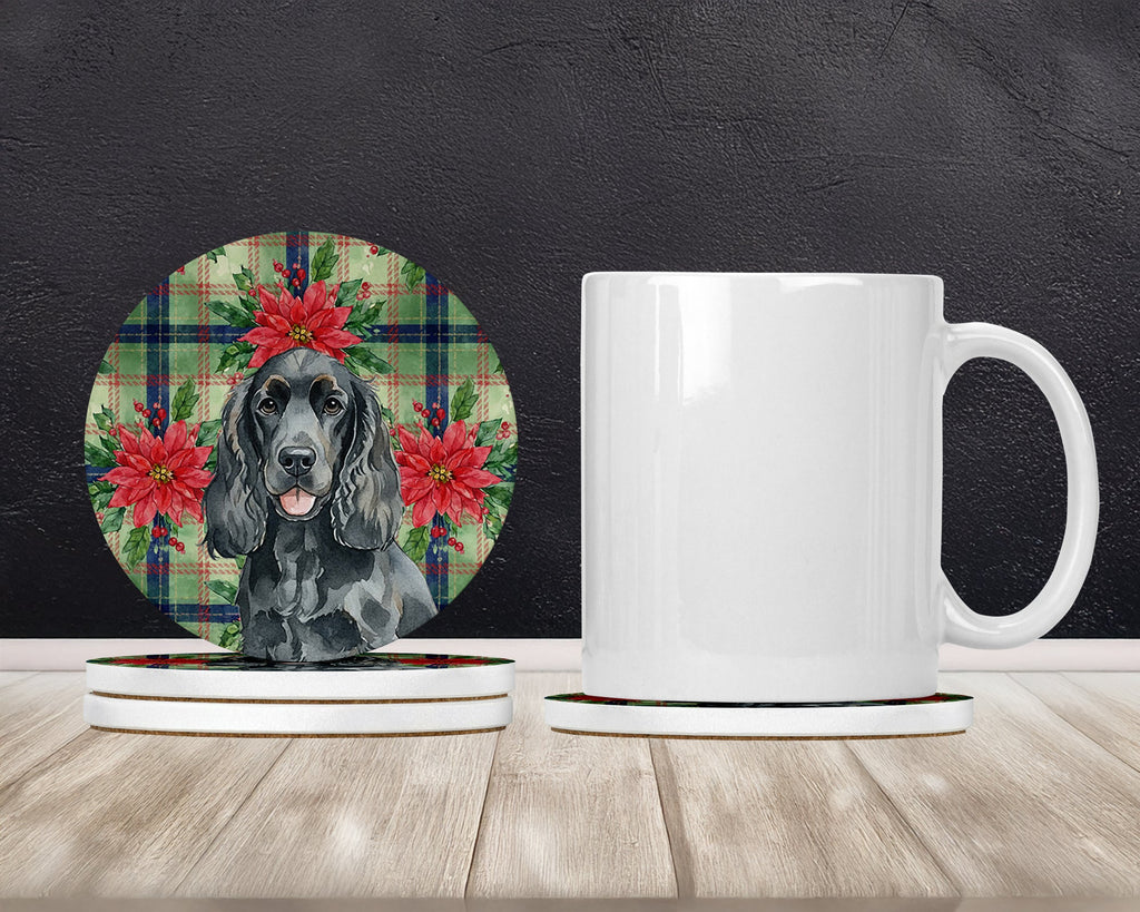 Black Cocker Spaniel Christmas PoinsettIas Large Sandstone Coasters Pack of 4 Absorbent Round Coasters Decor Gifts for Men or Women, 4 in, Multicolor