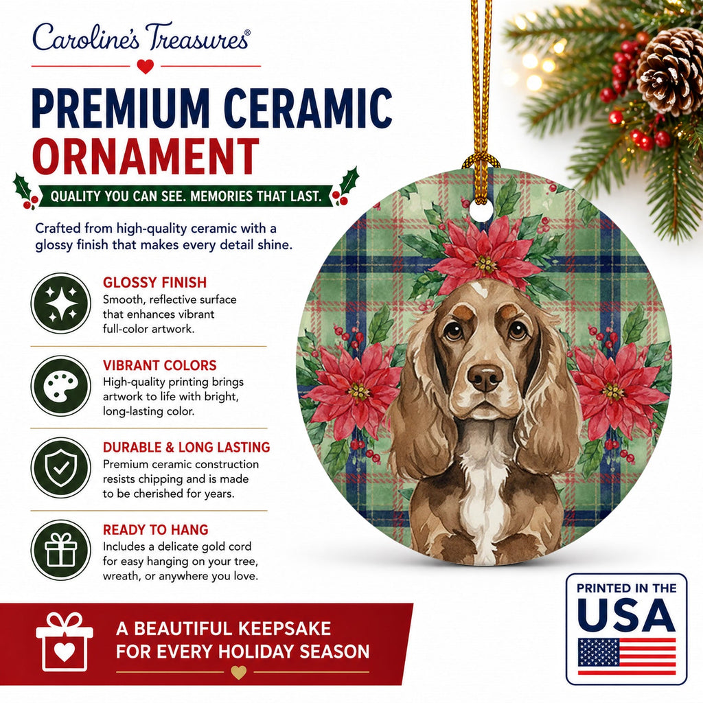 Chocolate Cocker Spaniel Christmas PoinsettIas Ceramic Ornament Christmas Tree Hanging Decorations for Home Christmas Holiday, Party, Gift, 3 in, Multicolor