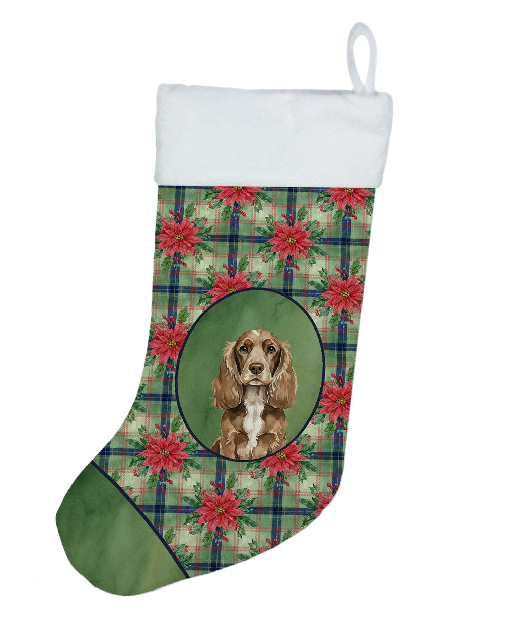 Chocolate Cocker Spaniel Christmas PoinsettIas Holiday Stocking Double-Sided Print, Polyester Suede,11x18, Made in USA
