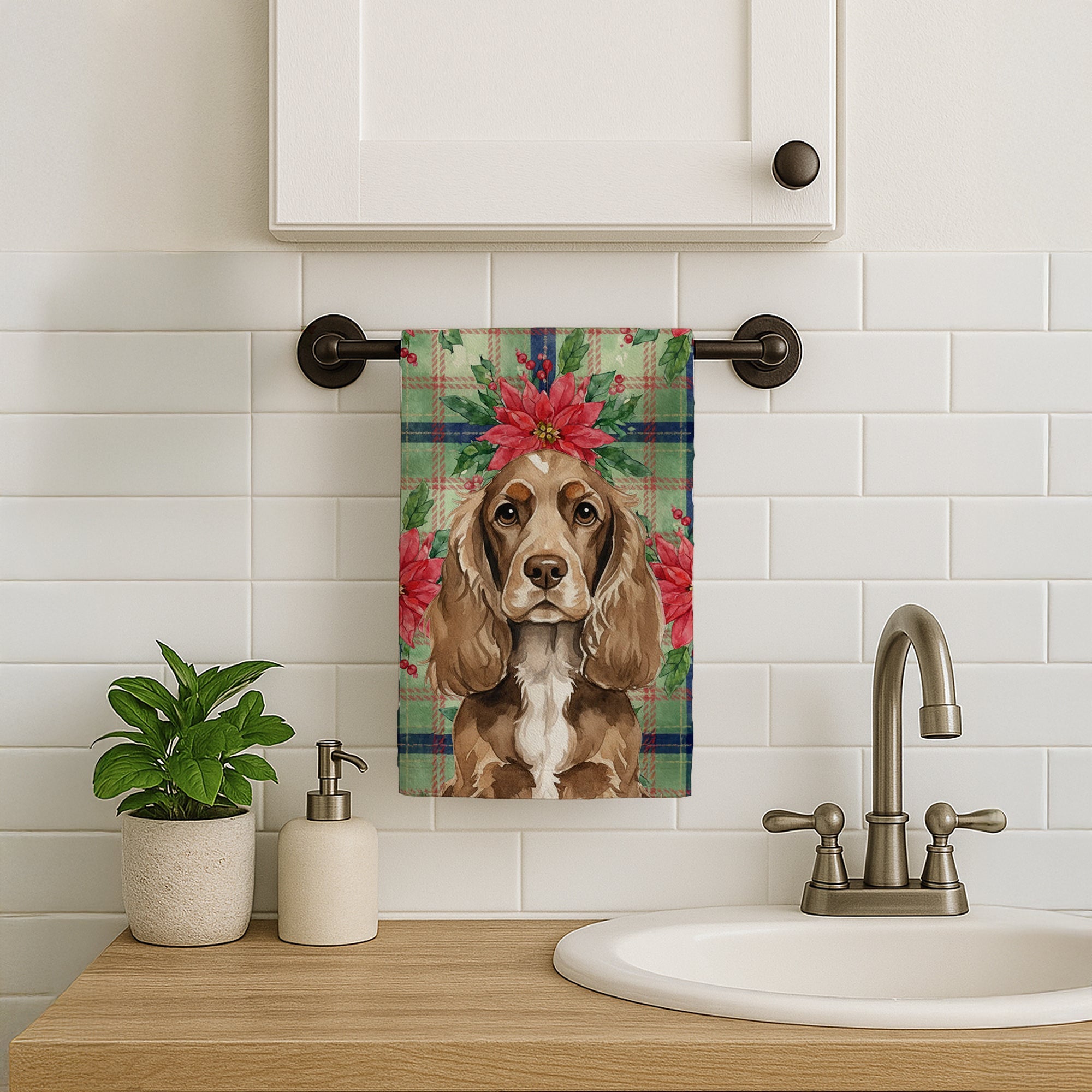 Chocolate Cocker Spaniel Christmas PoinsettIas Kitchen Towel Velour Plush Front and Cotton Loop Back Machine Washable