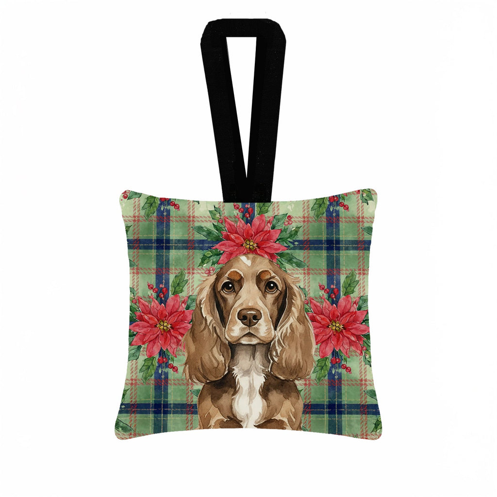 Chocolate Cocker Spaniel Christmas PoinsettIas Hanging Square Fabric Ornament 3.5 � 3.5 Decorative Door-Knob & Tree Hanger, Soft Fabric