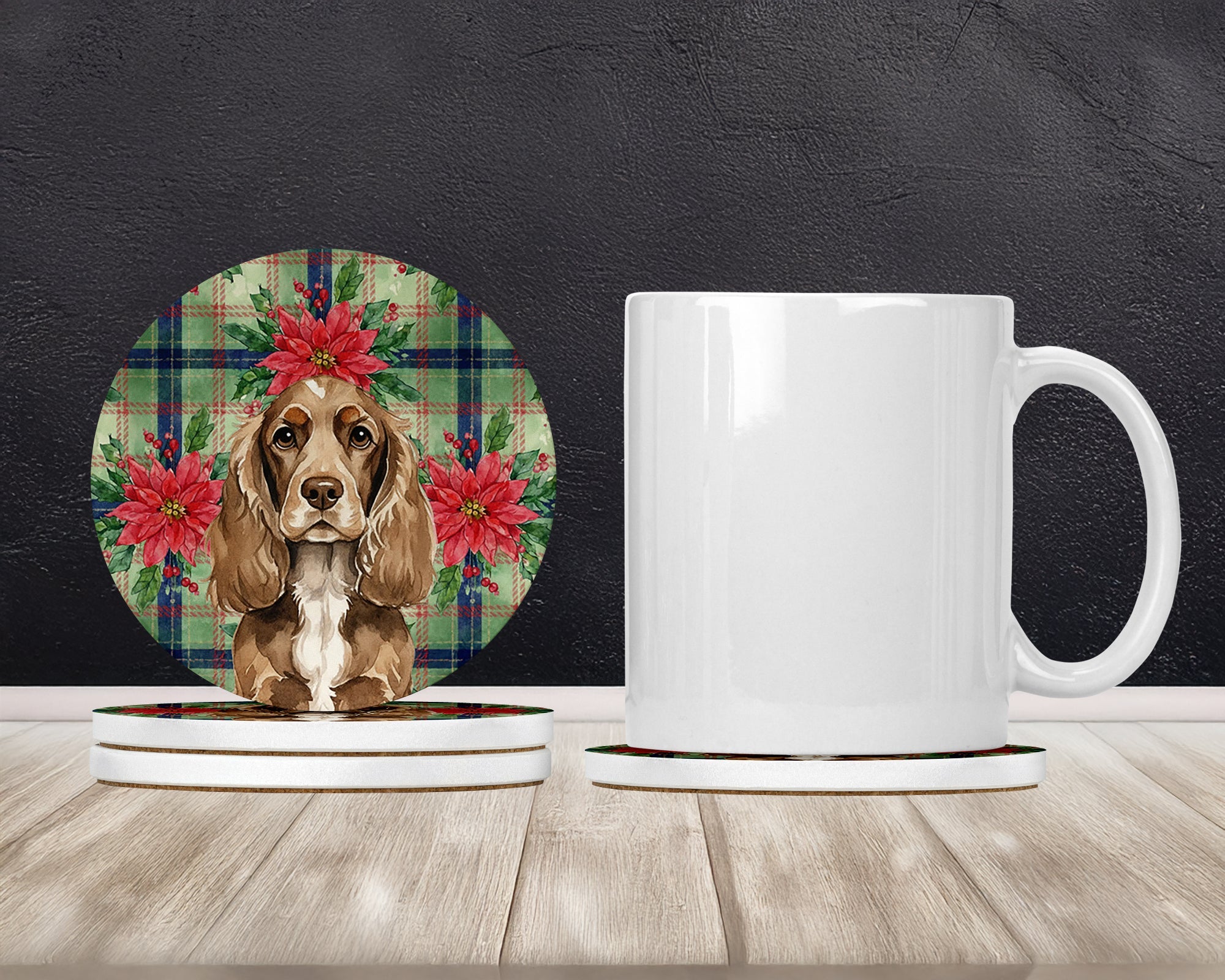 Chocolate Cocker Spaniel Christmas PoinsettIas Large Sandstone Coasters Pack of 4 Absorbent Round Coasters Decor Gifts for Men or Women, 4 in, Multicolor