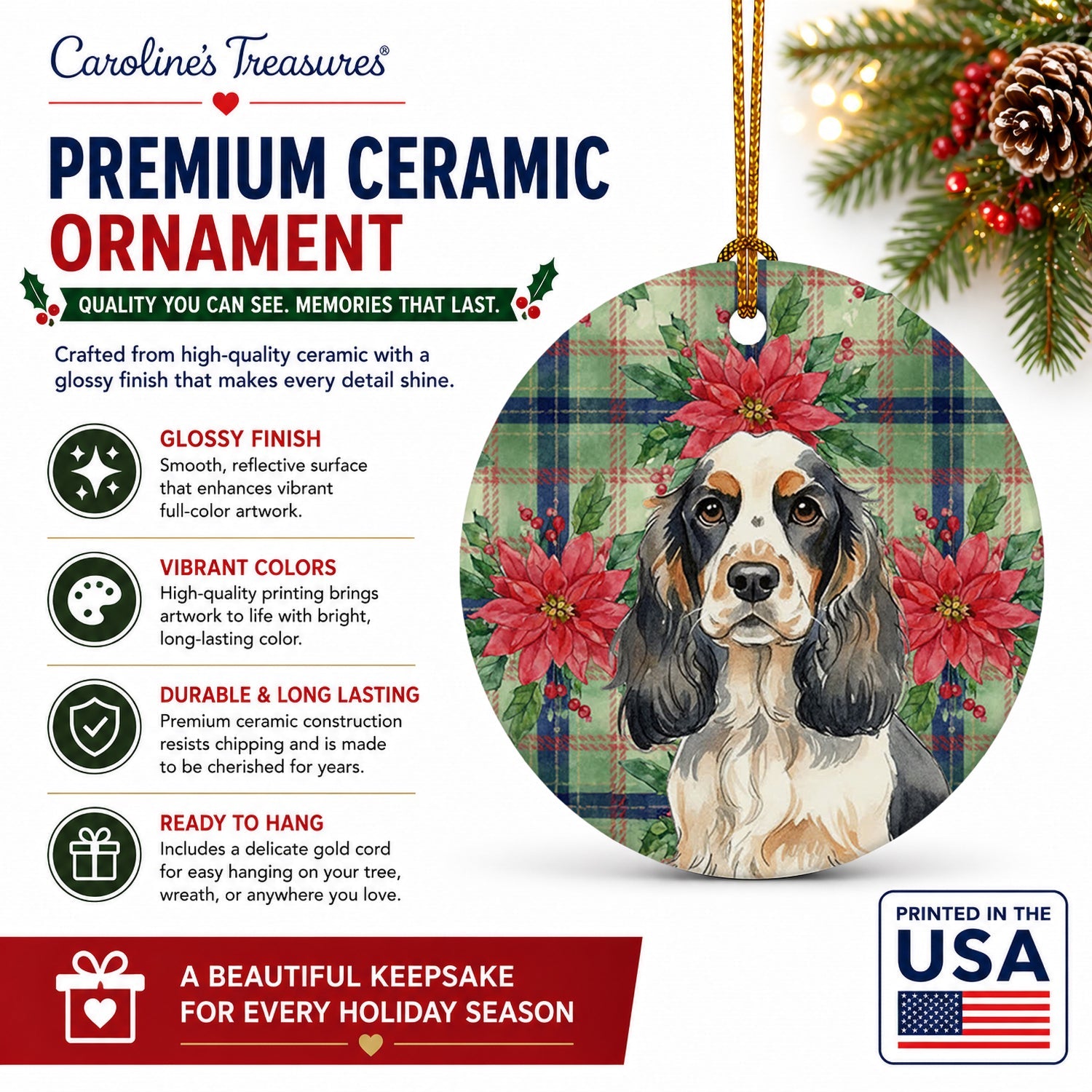 Parti Cocker Spaniel Christmas PoinsettIas Ceramic Ornament Christmas Tree Hanging Decorations for Home Christmas Holiday, Party, Gift, 3 in, Multicolor
