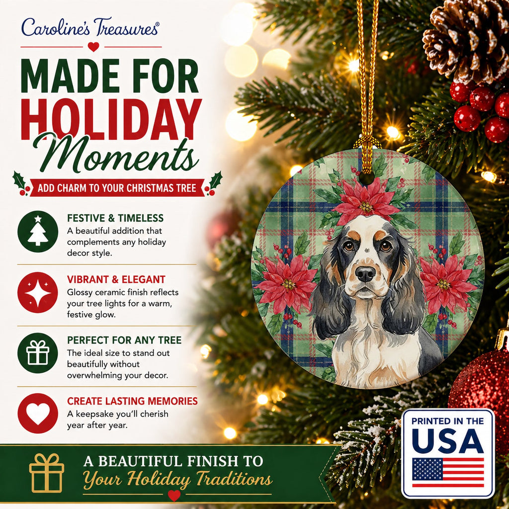 Parti Cocker Spaniel Christmas PoinsettIas Ceramic Ornament Christmas Tree Hanging Decorations for Home Christmas Holiday, Party, Gift, 3 in, Multicolor